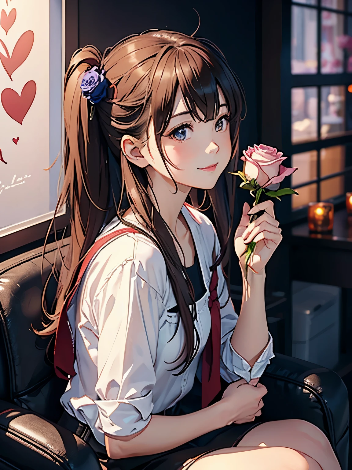 perfect face , 4k quality, detailed properly , masterpiece, anime style) Create a 3D animation of a girl from side view for a portrait picture where a anime girl with cute smile holding a rose in her hand and wearing cute dating out-fit Sitting casually on a chair made up of rose🌹 petals The background features “Rose” in big and capital red neon light fonts on the black wall and her facebook profile show on her right side in a transparent glass where a small photo of her present and written "Happy Rose day"🌹