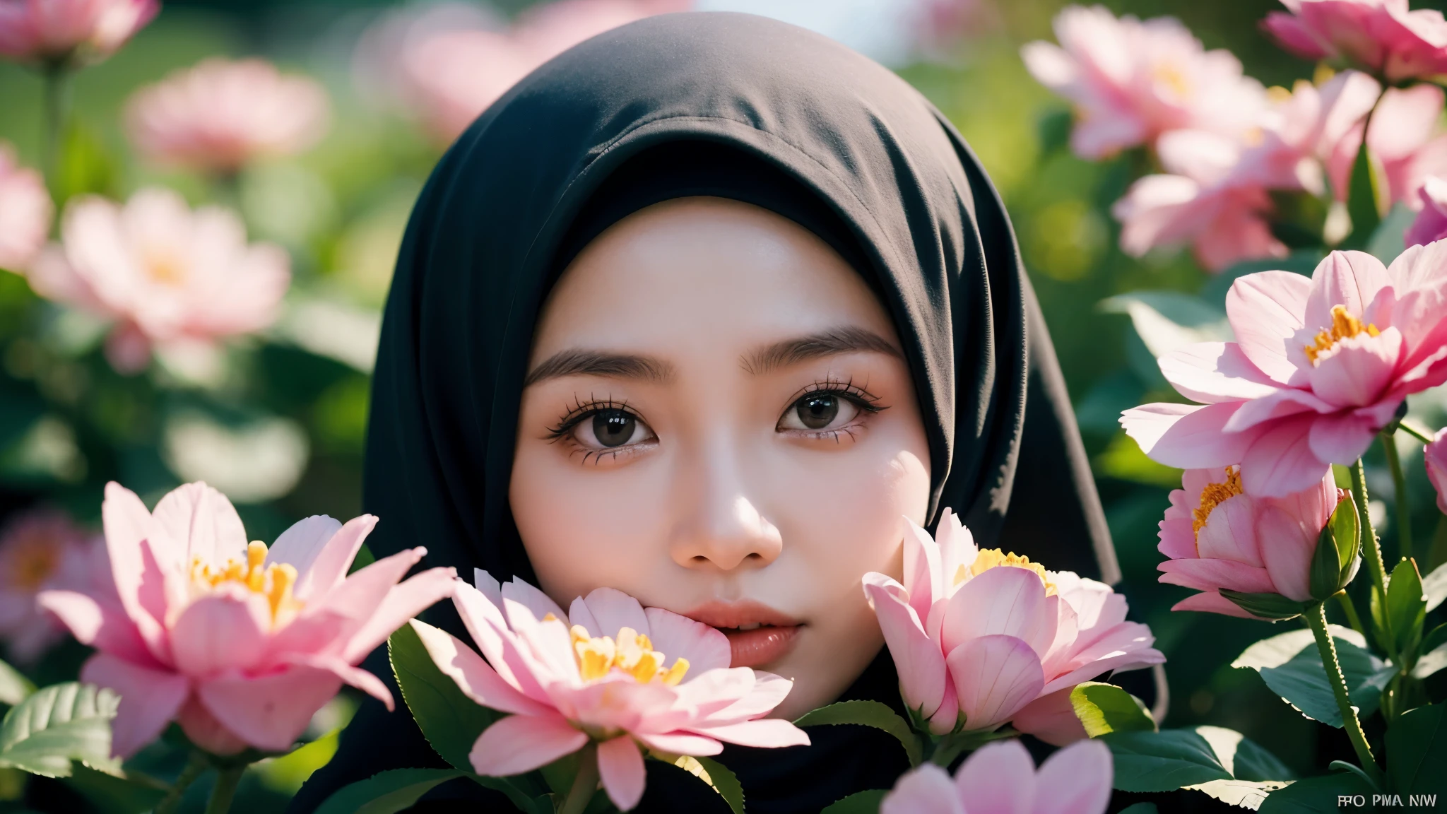 Malay woman,1girl,hijab,close up, flower garden,blur background,bokeh effect,High detail,high resolution