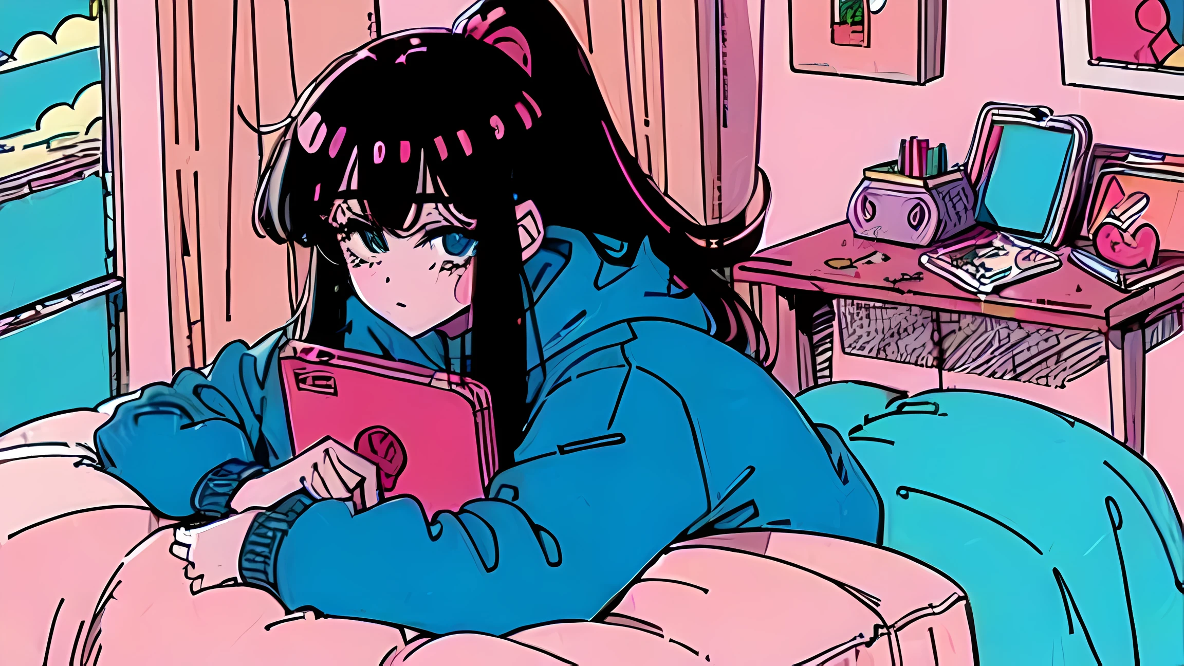 anime girl with glasses talking on a phone in a bedroom, anime vibes, lofi girl aesthetic, lofi girl, 8 0 s anime vibe, 9 0 s anime aesthetic, anime aesthetic, lofi artstyle, lofi aesthetic, lofi art, lofi vibes, lo-fi illustration style, retro-wave vibes, lo-fi art
