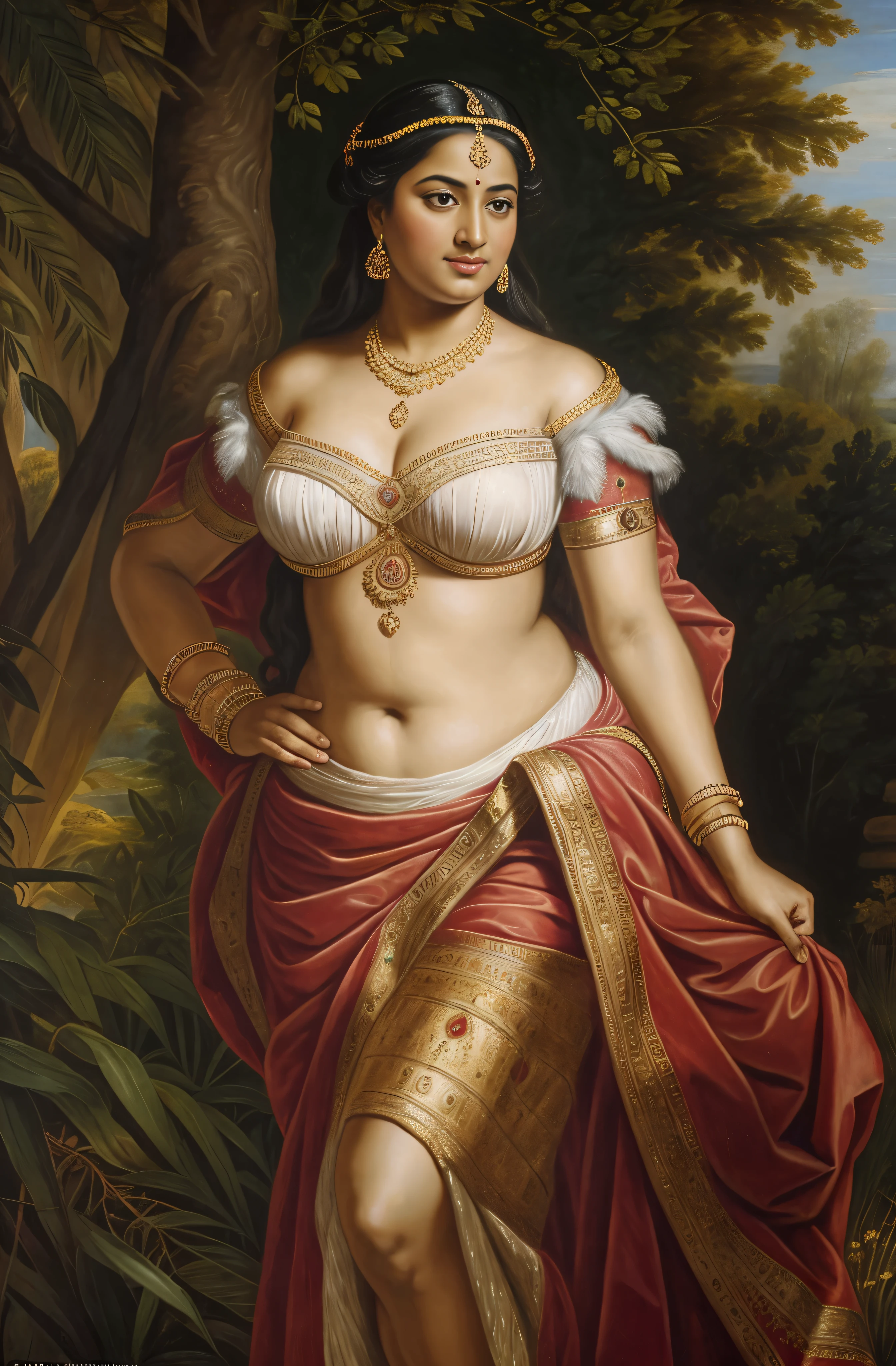 Beautiful Indian Woman, wearing saree, sari Beauty, gorgeous, Apsara, Maharani, royal queen woman, nymph from Hindu Mythology, Urvashi, matchless beauty, Highly detailed, Oil Painting by Peter Paul Rubens inspired by Raja Ravi Varma, Matchless beauty, captivating, gorgeous, heavenly beauty, celestial beauty, by Peter Paul Rubens, 13, realistic, hyper realistic, micro details, incredible artwork, insane details, ultra High resolution, 8k, 32k, acrylic on canvas, intricate, flawless, detailed, detailed face, detailed eyes, masterpiece, by Peter Paul Rubens, by Caravaggio, by William Adolphe bouguereau, perfect face, perfect body, beautiful art, realism, baroque, renaissance Art, highly textured, beautiful and detailed eyes, uhd, best quality,

