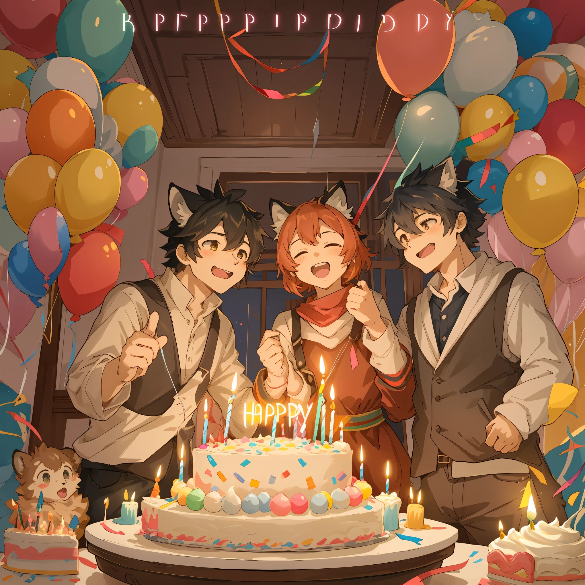 cover page, anime key visual, highres, top quality, best quality, paid reward available, High-quality illustrations, unparalleled masterpiece, perfect artwork, absurdres(A family at a birthday party,  blowing out candles on a birthday cake)(room decorated with balloons and streamers, festive and colorful atmosphere)(kemono parents of diverse descents smiling and clapping)perfect anatomy, cake with candles and colorful icing, joyful and celebratory mood, special family moment, fan-created work shared on platforms Pixiv or Twitter, cinematic lighting, dynamic angle,