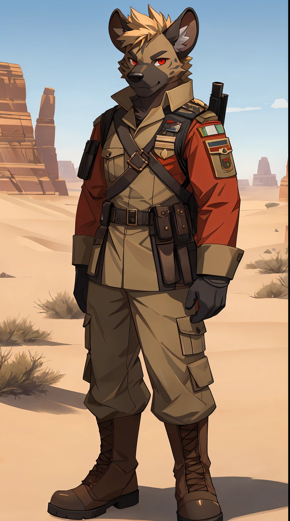 Furry,solo,Hyena,Red eyes,Wearing a desert soldier's uniform,Looking straight at the viewer