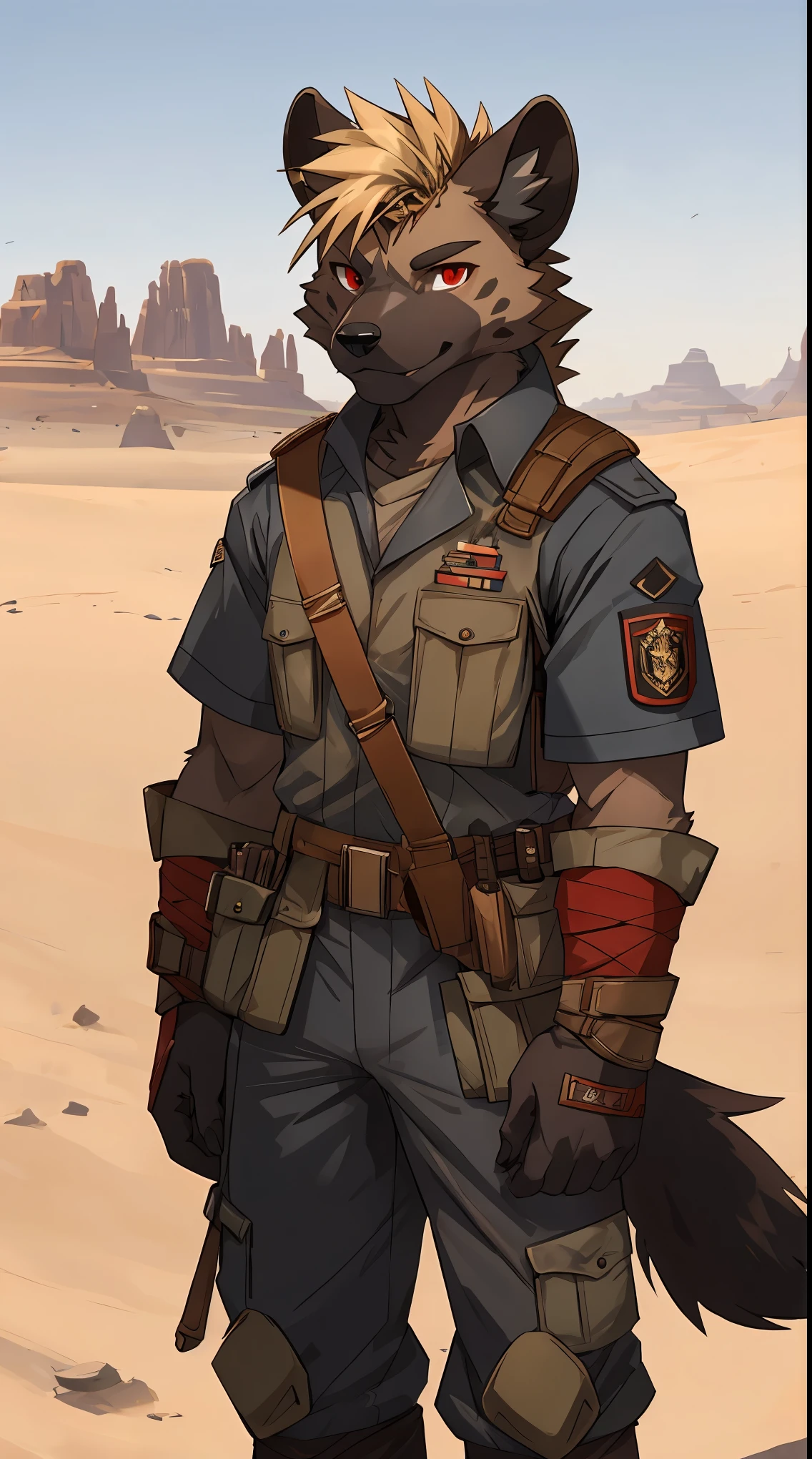 Furry,solo,Hyena,Red eyes,Wearing a desert soldier's uniform,Looking straight at the viewer