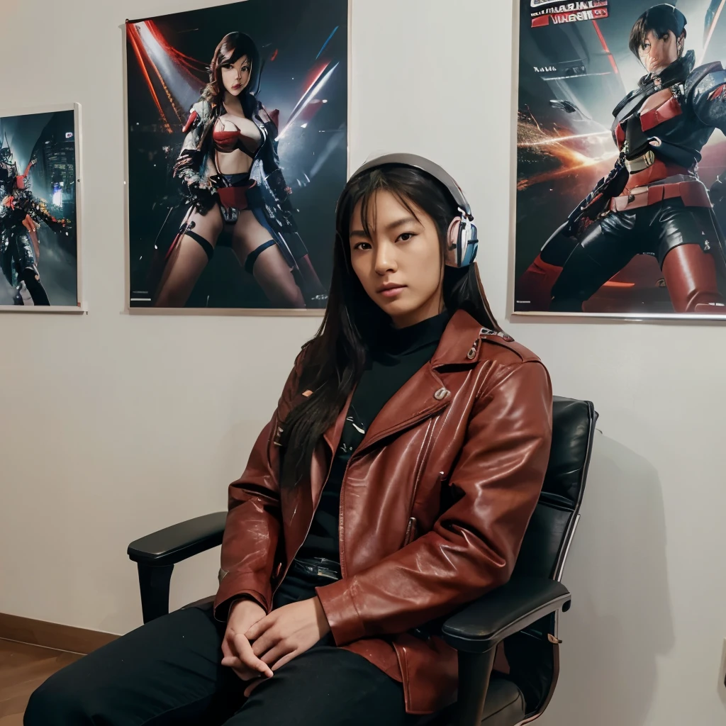 an Asian woman, wearing a red and black leather jacket with the words "ERABUANA", sitting in a gaming chair while playing the guitar, there is a computer that is on displaying the Gundam game beside her. young man wearing headphones with LED lights, lots of posters and photos of Gundam on the walls of his room, young man's position facing the camera, digital world battle background. Ultra HD realistic images