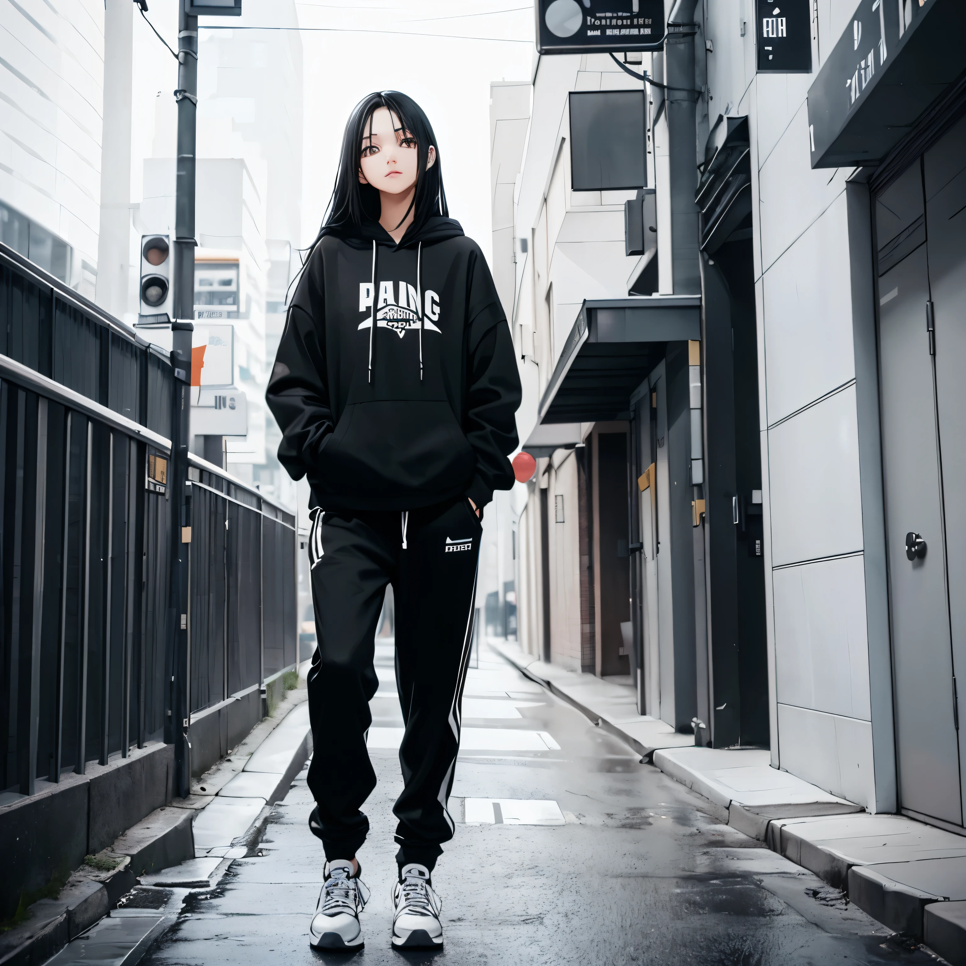 A beautiful and cute girl, long black hair, black and white hoodie, trousers, sneakers, decent, tall, road, pretty