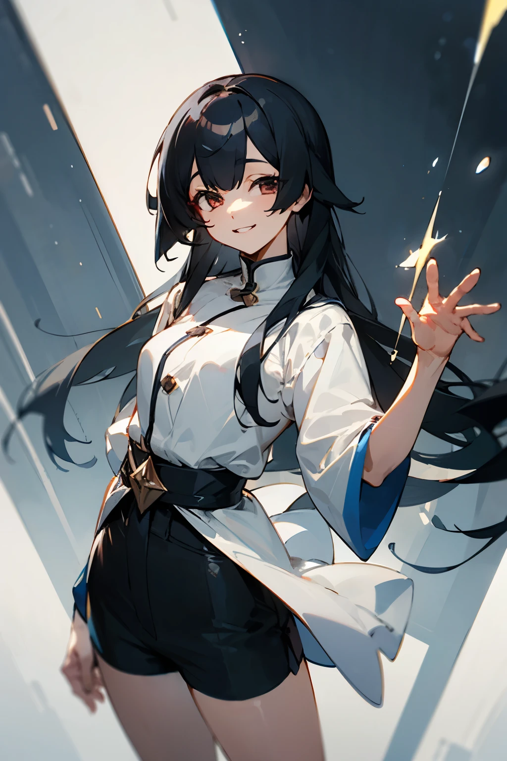 Flashy costumes,Shorts,black hair,long hair that reaches waist,smile,Drooping eyes,Marume,White base,band pine,gothic rock