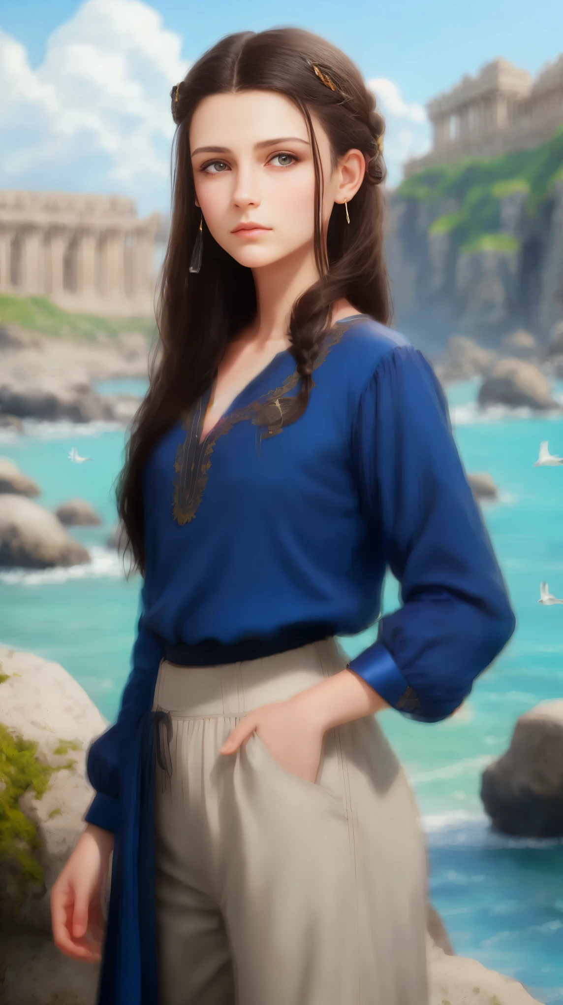 High resolution, brunette girl, , pattern of stones on her face along the forehead to the temples, Brunette, temples slightly shaved, long black hair pulled back in a ponytail, temples slightly shaved, dressed in a silk shirt and loose trousers, bright blue eyes, portrait, sea in the background, seagulls, realism, fantasy