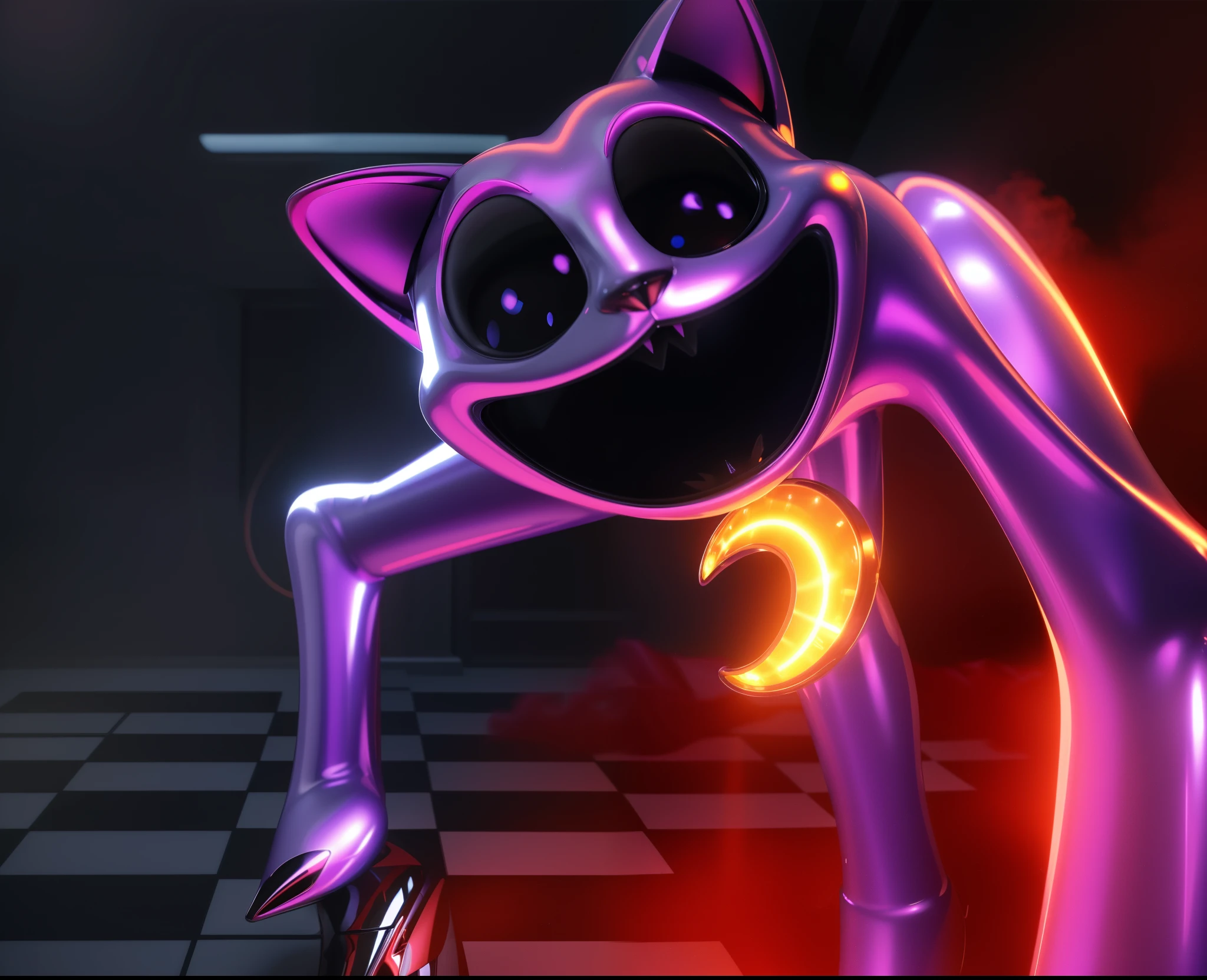 cartoon cat with glowing eyes, purple cat, cat from the void, the cheshire cat, dark blue blurry interior, red fog, red smoke on the background, scary atmosphere, glossy digital painting, anthropomorphic cat, demon cat, stylized as a 3d render, promo image, 3 d character, detailed digital art, reflective, best quality, 4k, masterpiece:1.2, ultra-detailed, realistic, vivid colors, dark and moody lighting, The image of the highest quality, ensuring every detail showcased perfectly. It in 4k resolution, allowing viewers to immerse themselves in the richness of the colors and intricate details. The realistic rendering. under the spotlight, reflecting, high-resolution image, realistic rendering, dark background, and rim light, scary atmosphere