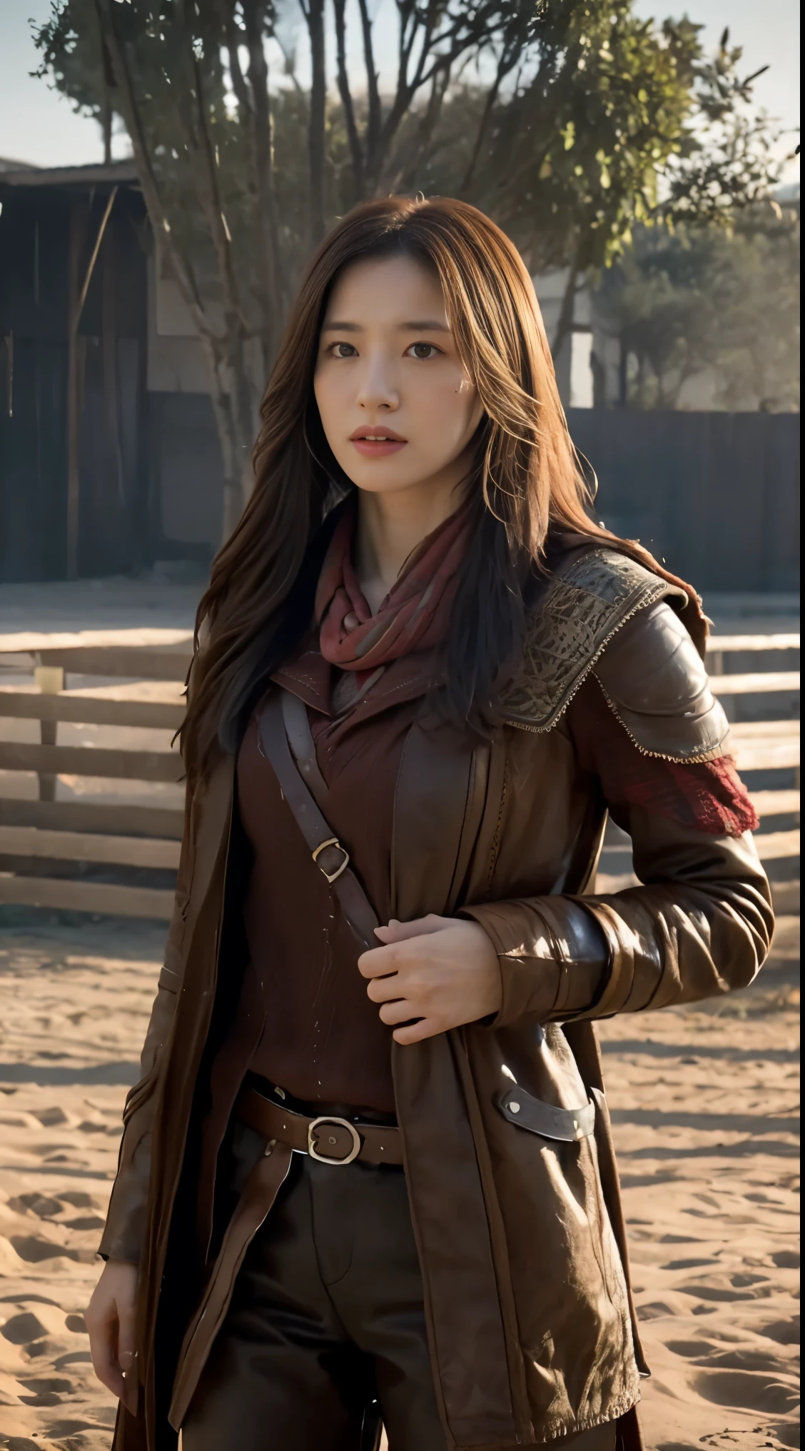 A woman in a brown jacket and leather pants standing on a beach - SeaArt AI