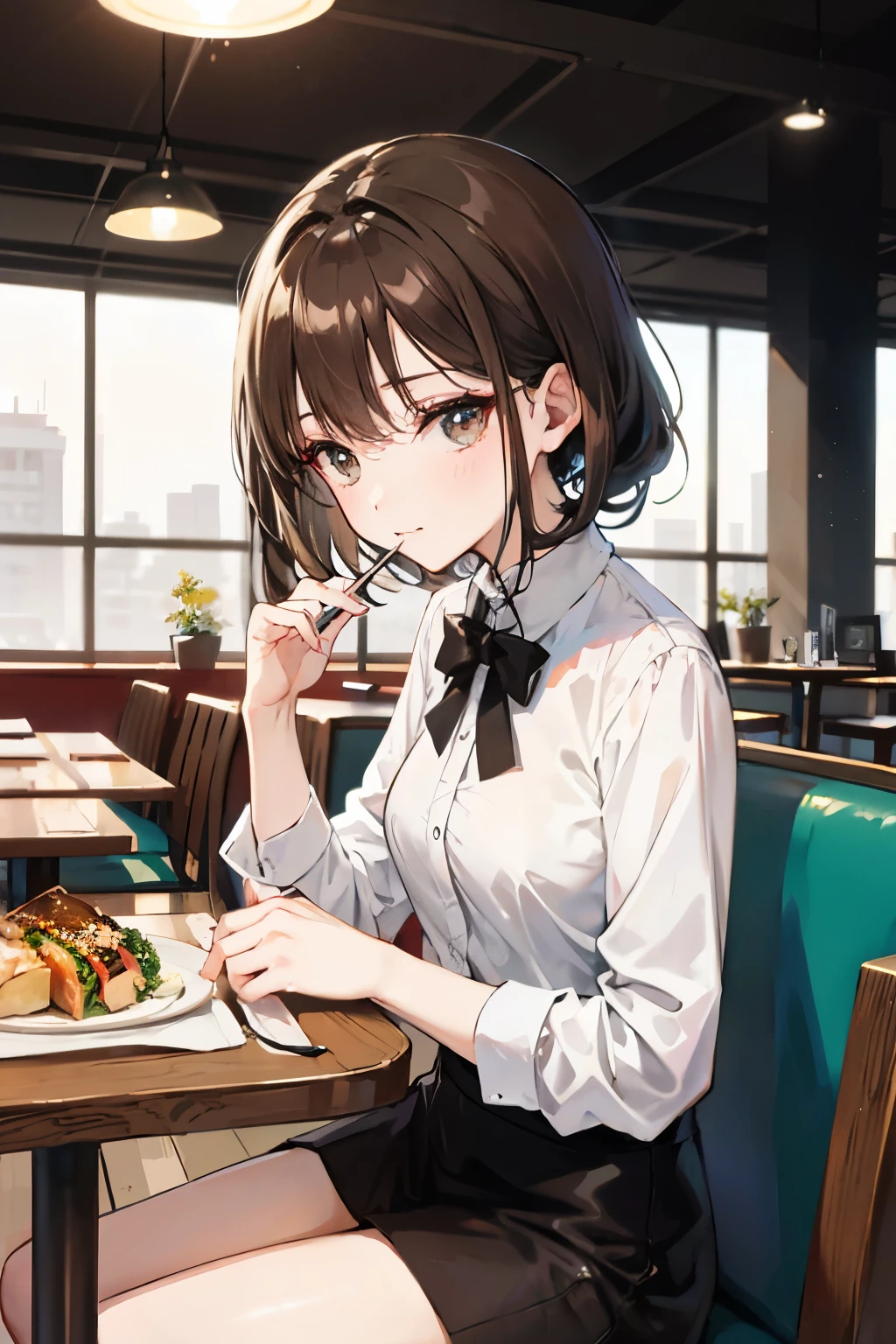 brunette girl with a square haircut is sitting at a red table in a restaurant and eating rolls with chopsticks