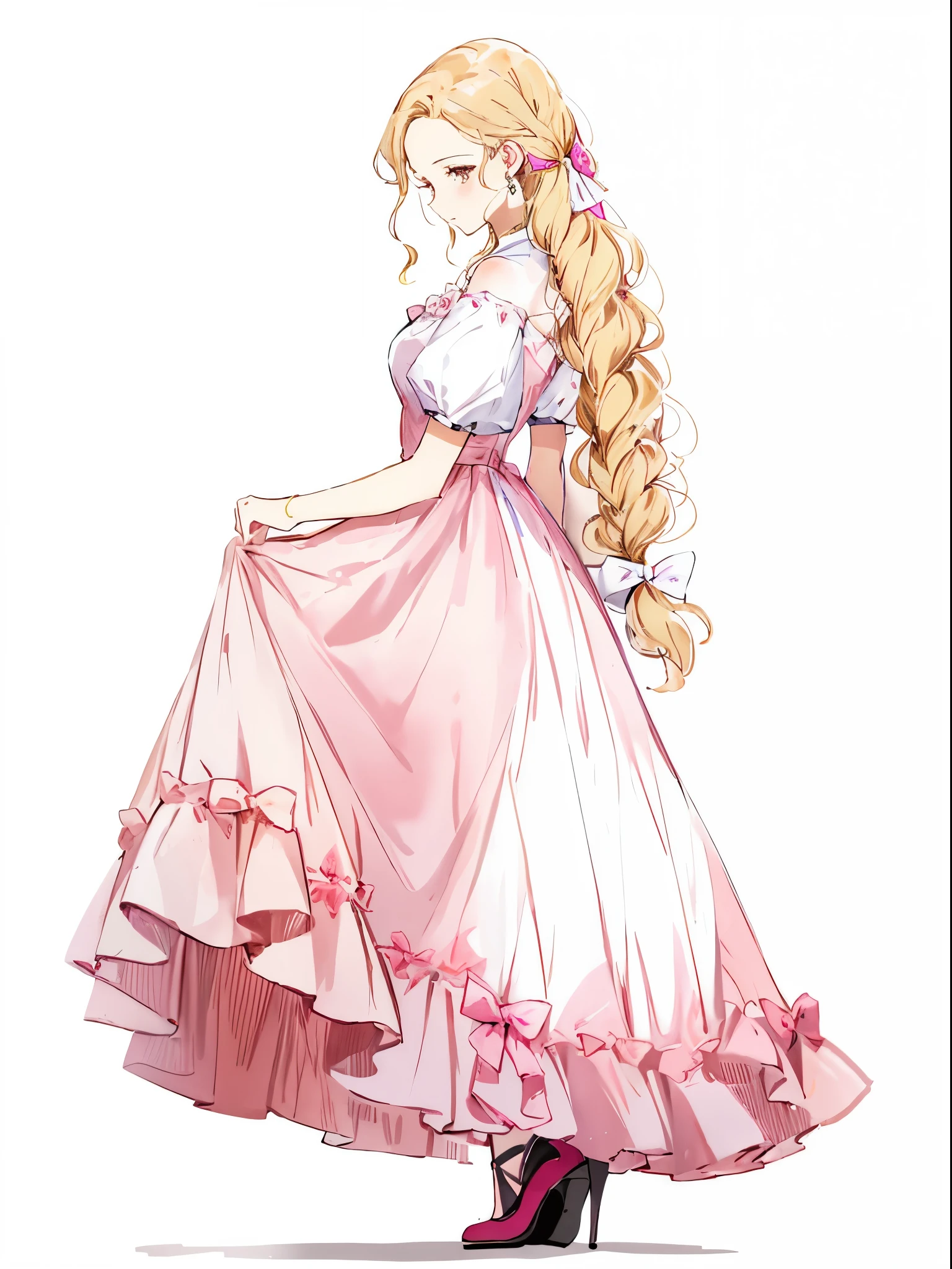 A painting of a woman in a pale pink long dress, background with white,minimalistic background,elegant drawing, Wearing a flowing pale pink dress, traditional drawing style, beautiful drawing style, lineart behance hd, animemanga girl,With long blonde hair, black heels,fair white skin