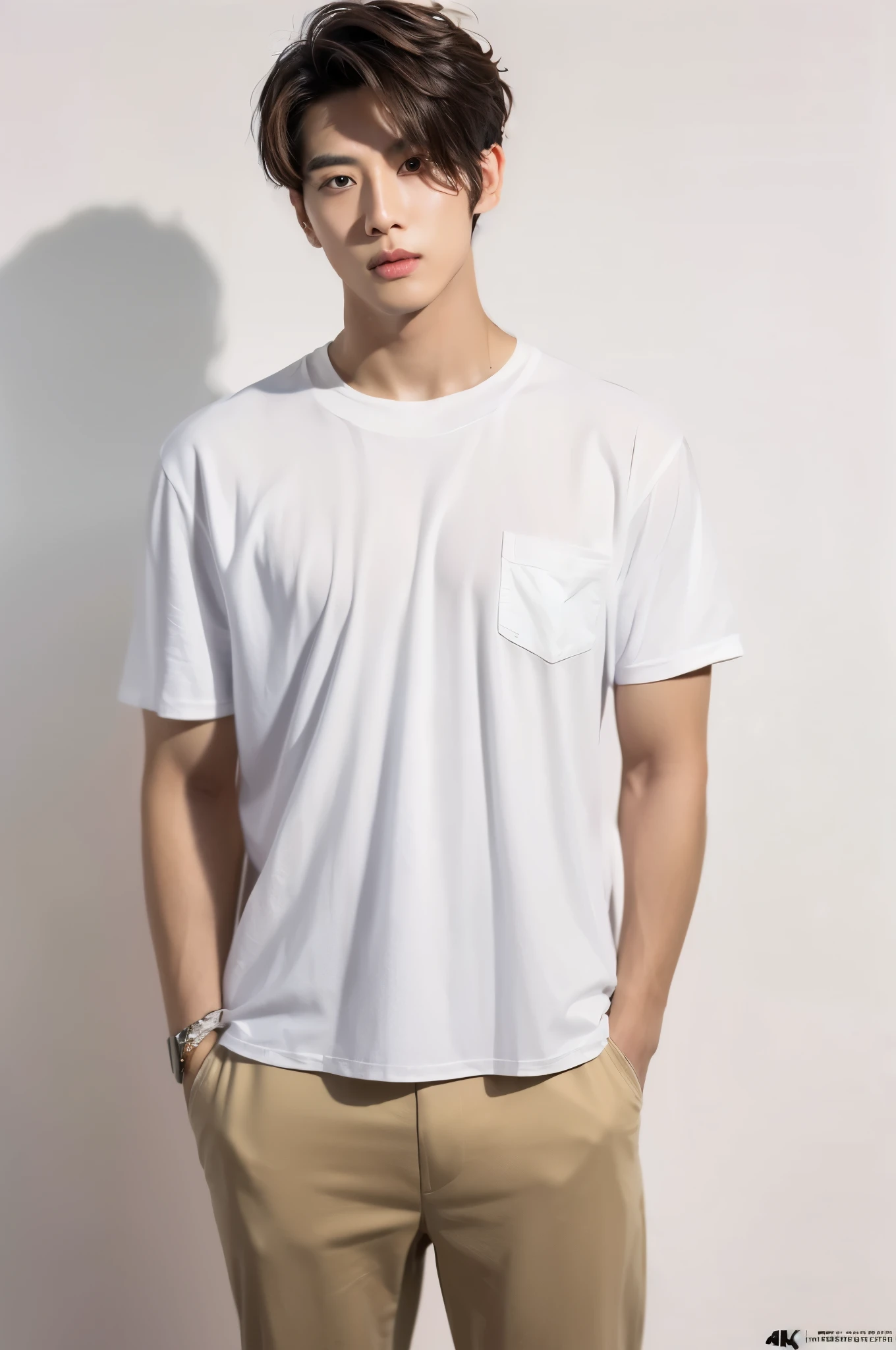 Handsome Korean model, Age 29 years,no beard, light brown eyes, Thick lips, fit, ultra highest detailed face