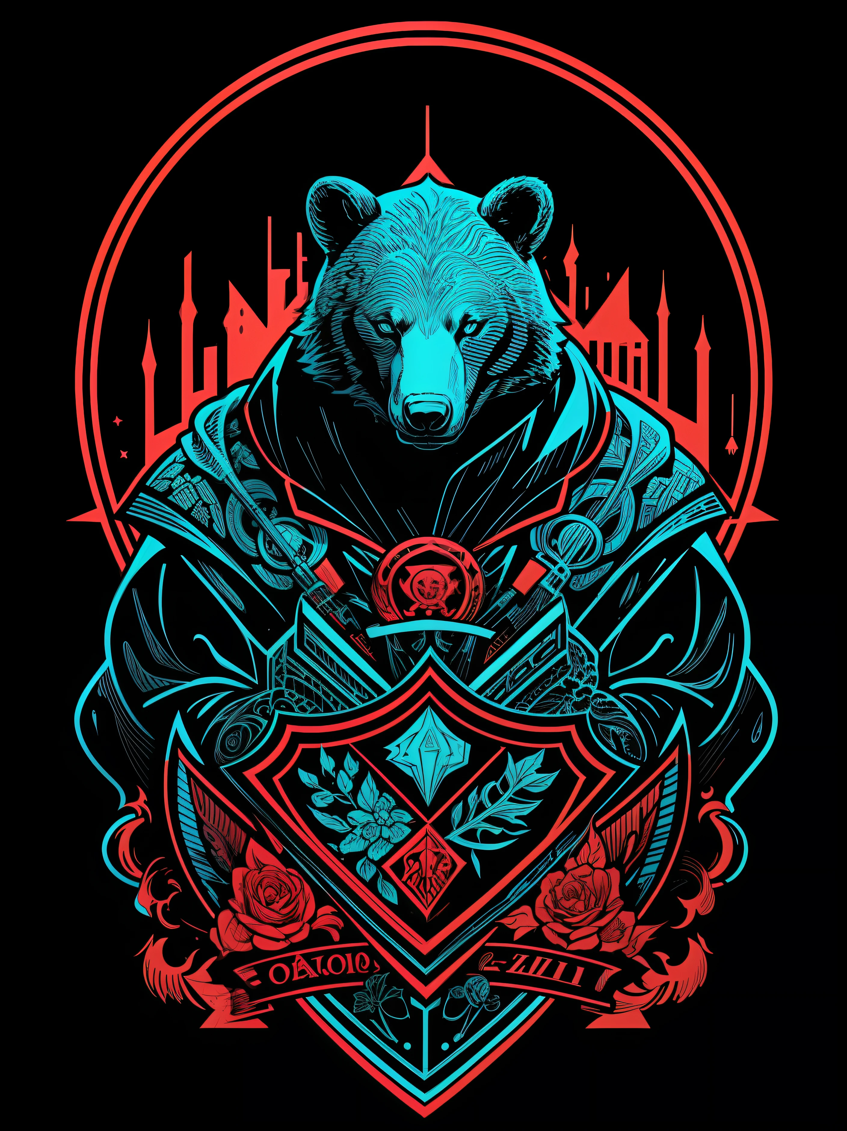 [Black bear]Silhouette of the coat of arms、Logo masking style illustration、by Dan Mumford、by Greg Rutkowsky、James Jean、Black background、Fantasyart、mystical、realisticlying、yudai、rich vivid colors、highly contrast、Seamless Water Brand、art  stations、Deviant Art、dribbling、Red Bubble、Tea Public、foco nítido、simple、Hyper-detailing、Detailed drawing、vectorized、outline、Isometric style、8k。