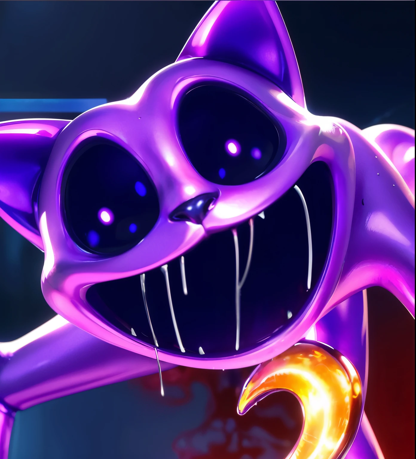 purple cat with dark big eyes and a dark mouth, glossy digital painting, purple cat, made of liquid purple metal, his mouth is drooling, demon cat, toxic cat, scary color art in 4 k, cat from the void, scary atmosphere, glossy digital painting, anthropomorphic cat, demon cat, stylized as a 3d render, promo image, 3 d character, detailed digital art, reflective, best quality, 4k, masterpiece:1.2, ultra-detailed, realistic, vivid colors, dark and moody lighting, The image of the highest quality, ensuring every detail showcased perfectly. It in 4k resolution, allowing viewers to immerse themselves in the richness of the colors and intricate details. The realistic rendering. under the spotlight, reflecting, high-resolution image, realistic rendering, dark background, and rim light, scary atmosphere