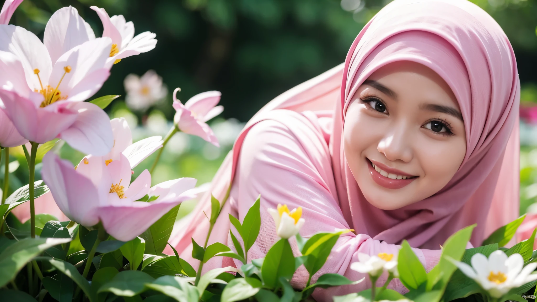 Malay woman,1girl,hijab,close up, flower garden,blur background,bokeh effect,High detail,high resolution