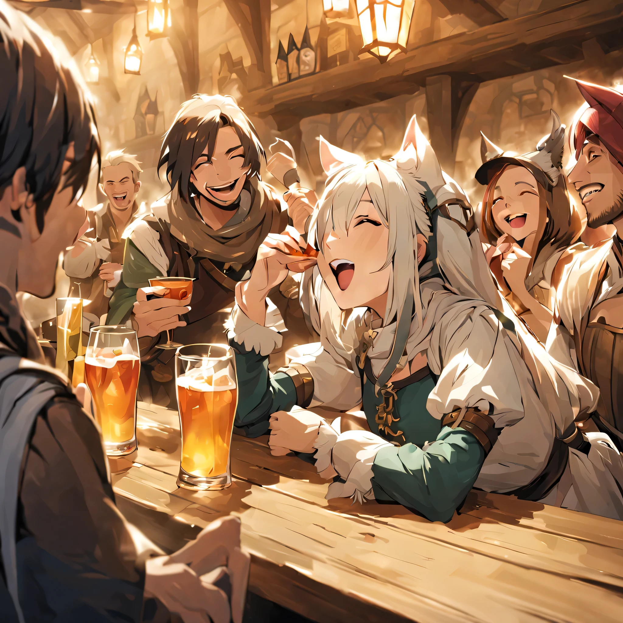 group of people with animal ears and tails drinking and laughing at a medieval bar