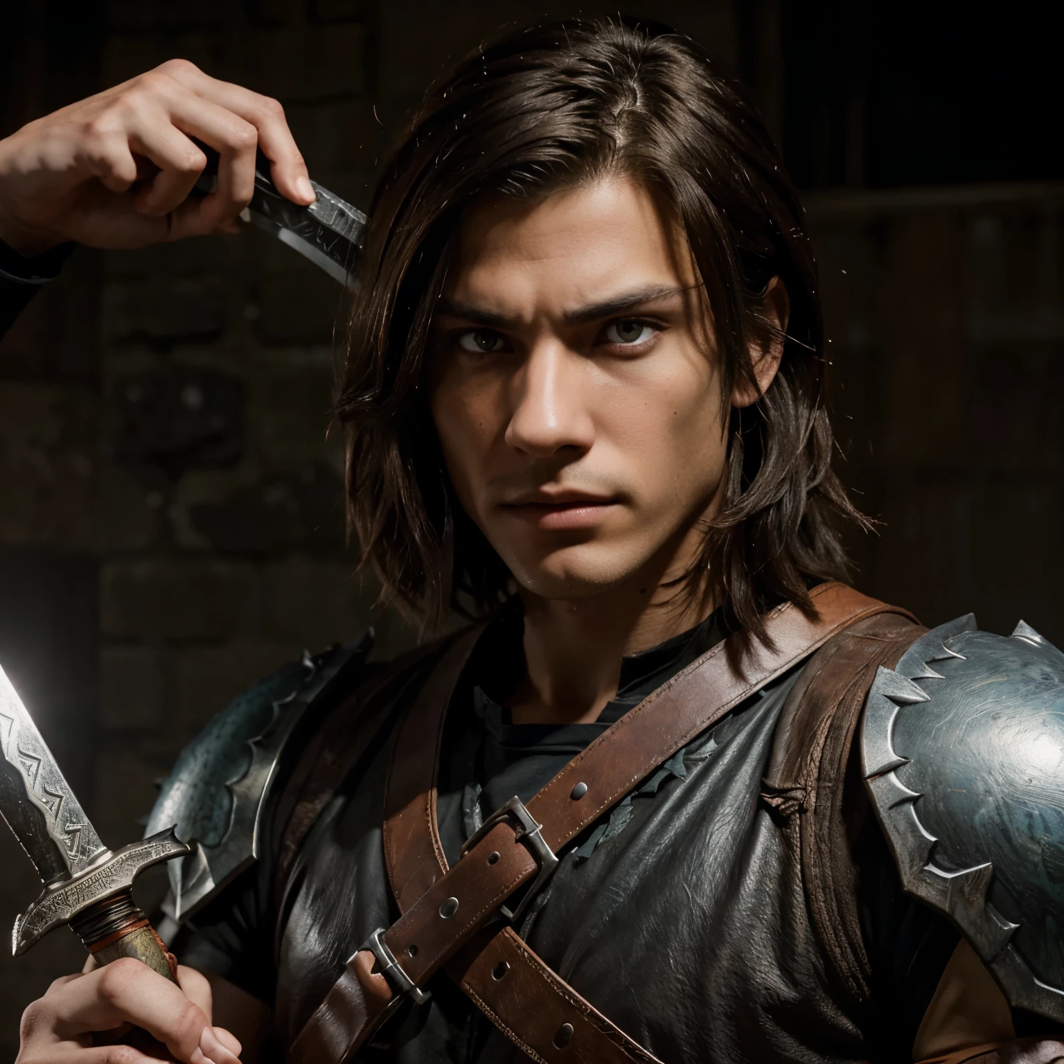brunette hair, male, red eyes, Serious expression, Monster hunter style, Hand-held sword, Ruffian, high details,male