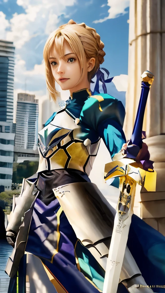 a woman in armor holding a sword in front of a city, fate / stay night, fate grand order, artoria pendragon, epic light novel cover art, fate stay night, anime style like fate/stay night, epic light novel art cover, fate zero, fate/zero, female protagonist 👀 :8, light novel cover art, she is holding a sword