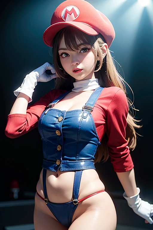(female Mario), character design, Nintendo Super Mario, (blue eyes, red hat, red suit, blue suspenders, white gloves, )super cute blind box style, chibi, full body, exaggerated expressions and actions, clean background, bright iridescent highlights, studio lighting, atmospheric lighting, with exquisite texture, high detail, high resolution, c4d, 3D, Blender, 8k, best quality, ultra high definition