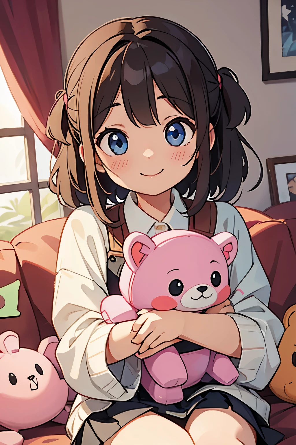 A girl looking into the stuffed animal collecting game、sparkling eyes、smile、