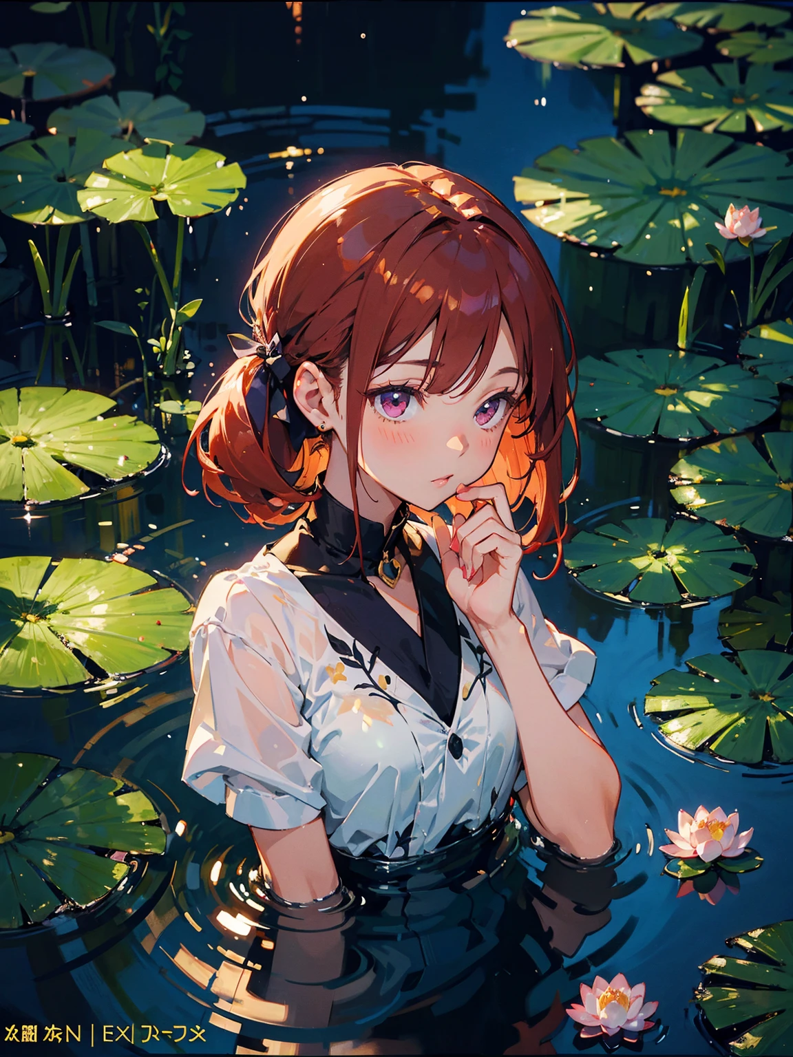 masterpiece, 1 girl, short twintail, red hair, purple eyes, Wallpaper, summer pond, pond, afternoon sun, surrounded by lotus leaves, pond background, depth of field, hot weather, high definition detail, wet, ultra detail, movie, soft light, deep field focus bokeh, Diffuse (Extra Fine Glass Reflections), medium breasts
