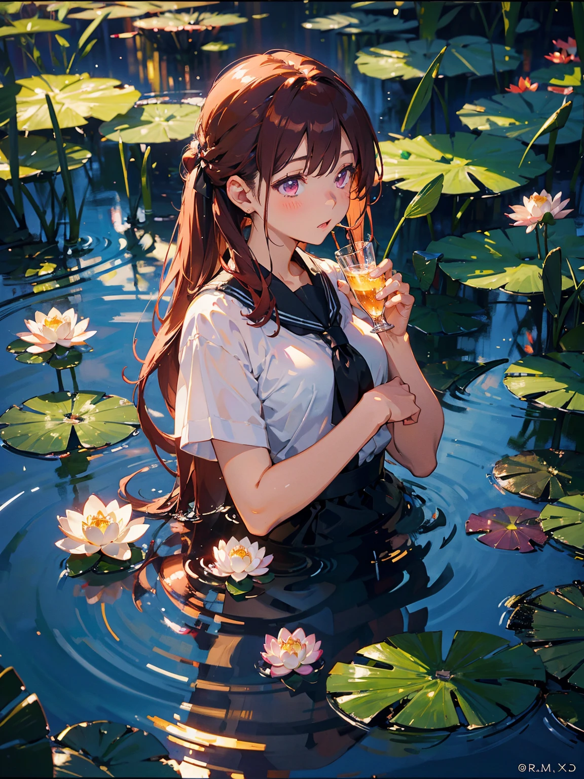 masterpiece, 1 girl, short twintail, red hair, purple eyes, Wallpaper, summer pond, pond, afternoon sun, surrounded by lotus leaves, pond background, depth of field, hot weather, high definition detail, wet, ultra detail, movie, soft light, deep field focus bokeh, Diffuse (Extra Fine Glass Reflections), medium breasts