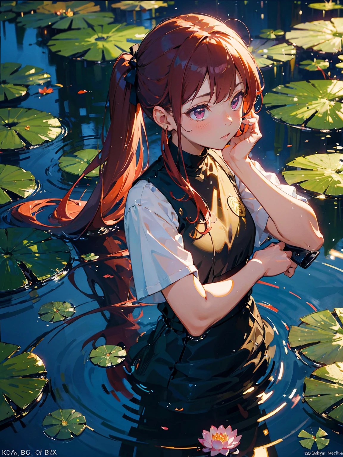 masterpiece, 1 girl, short twintail, red hair, purple eyes, Wallpaper, summer pond, pond, afternoon sun, surrounded by lotus leaves, pond background, depth of field, hot weather, high definition detail, wet, ultra detail, movie, soft light, deep field focus bokeh, Diffuse (Extra Fine Glass Reflections), medium breasts