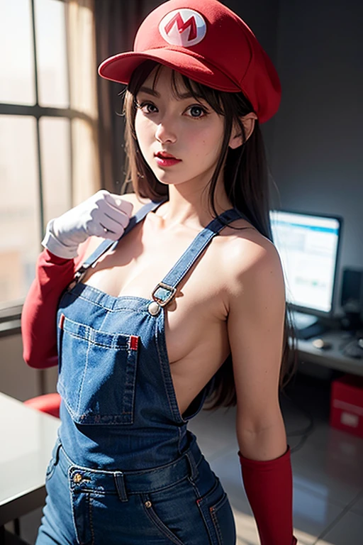 (female Mario), character design, Nintendo Super Mario, (blue eyes, red hat, red suit, blue suspenders, white gloves, )super cute blind box style, chibi, full body, exaggerated expressions and actions, clean background, bright iridescent highlights, studio lighting, atmospheric lighting, with exquisite texture, high detail, high resolution, c4d, 3D, Blender, 8k, best quality, ultra high definition