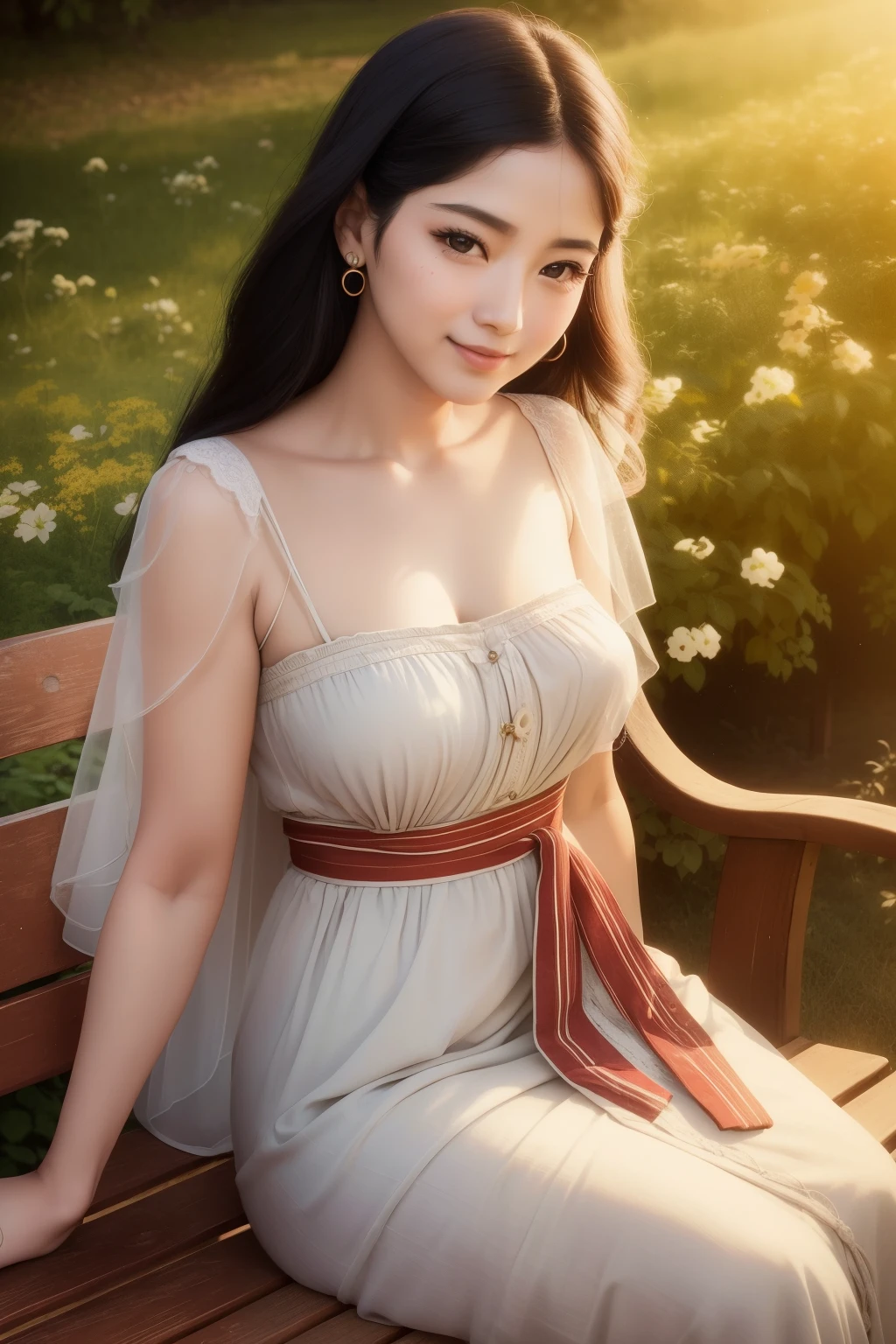 Arafad woman sitting on an old wooden bench, bathed in soft sunlight, a genuine smile playing on her lips (1 woman), (Inspired by Elaine Duilo's artistic and expressive style), Cover Photo for Cuckoo Portrait Series (1), (Inspired by the ethereal beauty of Kim Du-ryang), Tomorrow Tran Brothers' Classic Portraits (2), Portrait of a modern-day Darna (1 woman), (Old style photo with a vintage aesthetic), (Vintage close-up photo with provia 1967 film), (Cute and endearing expression), (Old color photo with a warm and nostalgic feel), detailed skin texture
