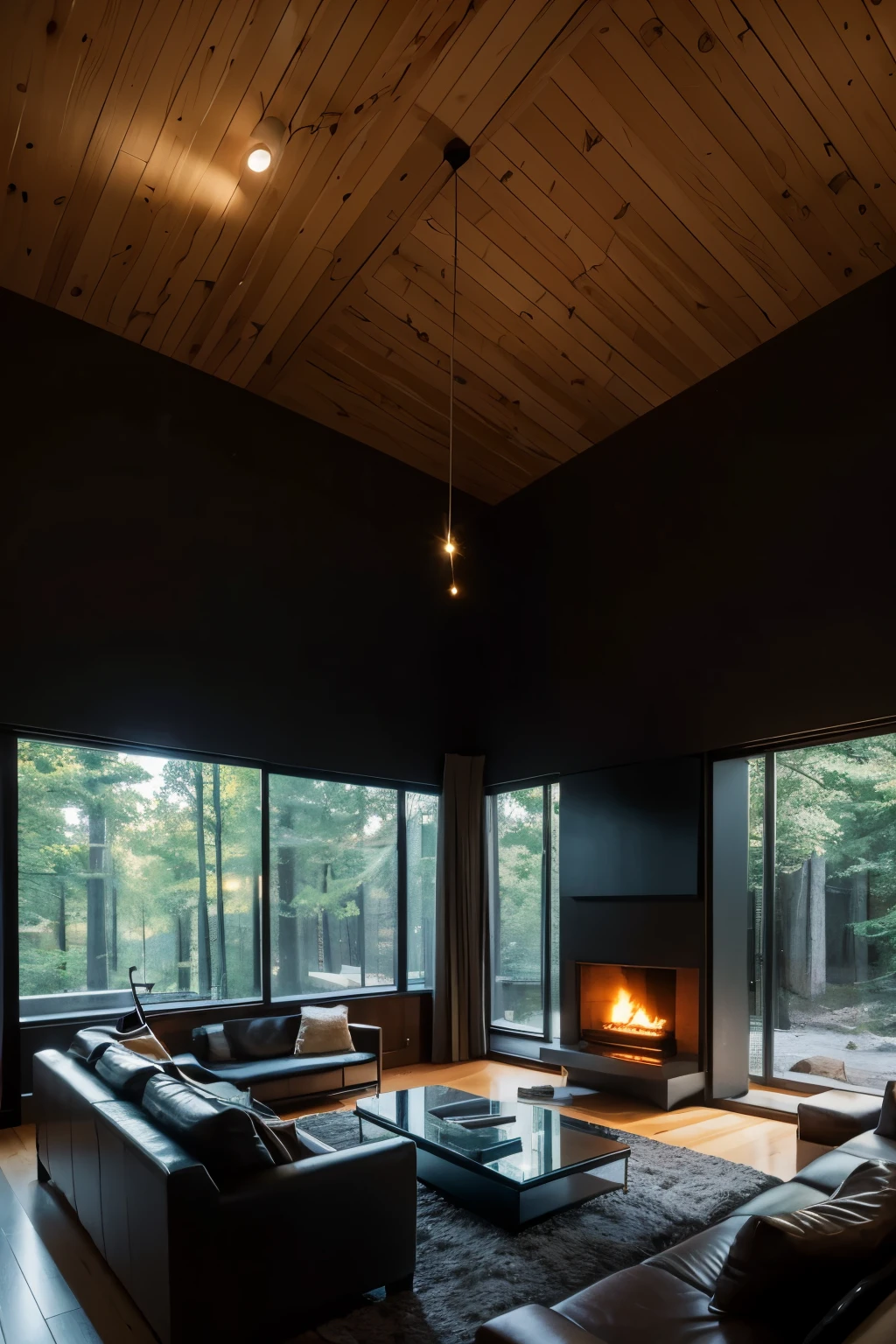 Living room with fireplace and large windows overlooking the woods, Large windows with views of the forest at night, Floor-to-ceiling windows, dark interior, Dark and modern, Floor-to-ceiling windows,TV background wall