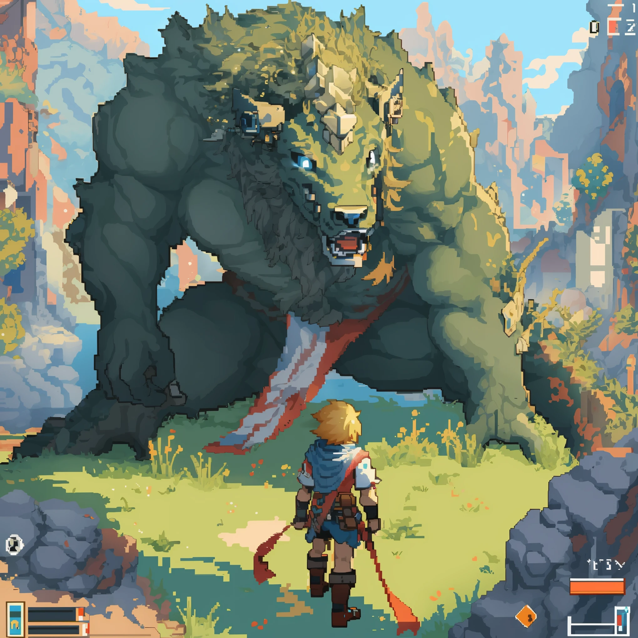 a picture taken from a video game of a giant creature in a city, pixel art by Kubisi art, Artstation contest winner, pixel art, beautiful detailed pixel art, detailed pixel artwork, detailed pixel art, 2 d digital video game art, ultra detailed game art, videogame art, shadow of the colossus, high quality pixel art, epic video game art,