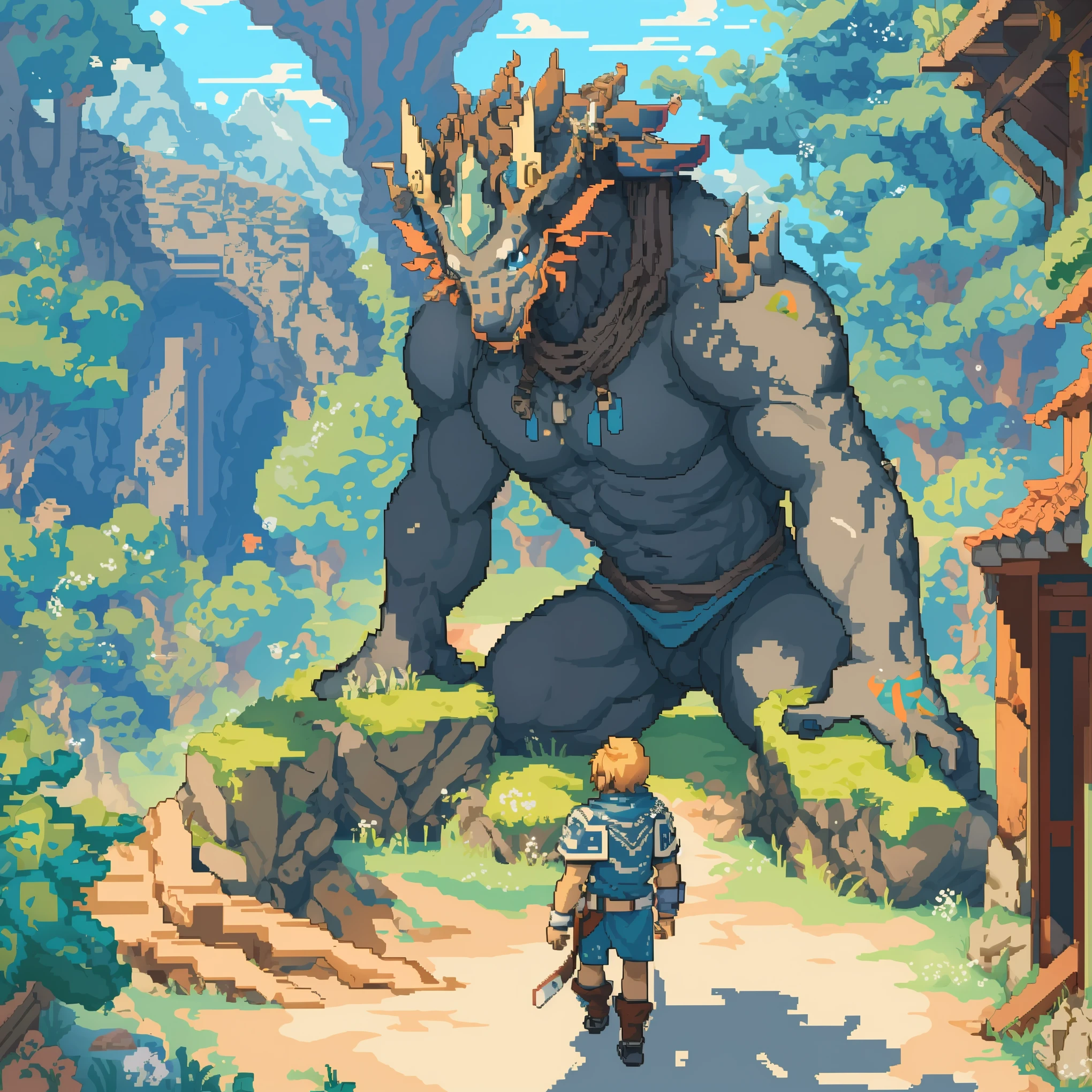 a picture taken from a video game of a giant creature in a city, pixel art by Kubisi art, Artstation contest winner, pixel art, beautiful detailed pixel art, detailed pixel artwork, detailed pixel art, 2 d digital video game art, ultra detailed game art, videogame art, shadow of the colossus, high quality pixel art, epic video game art,