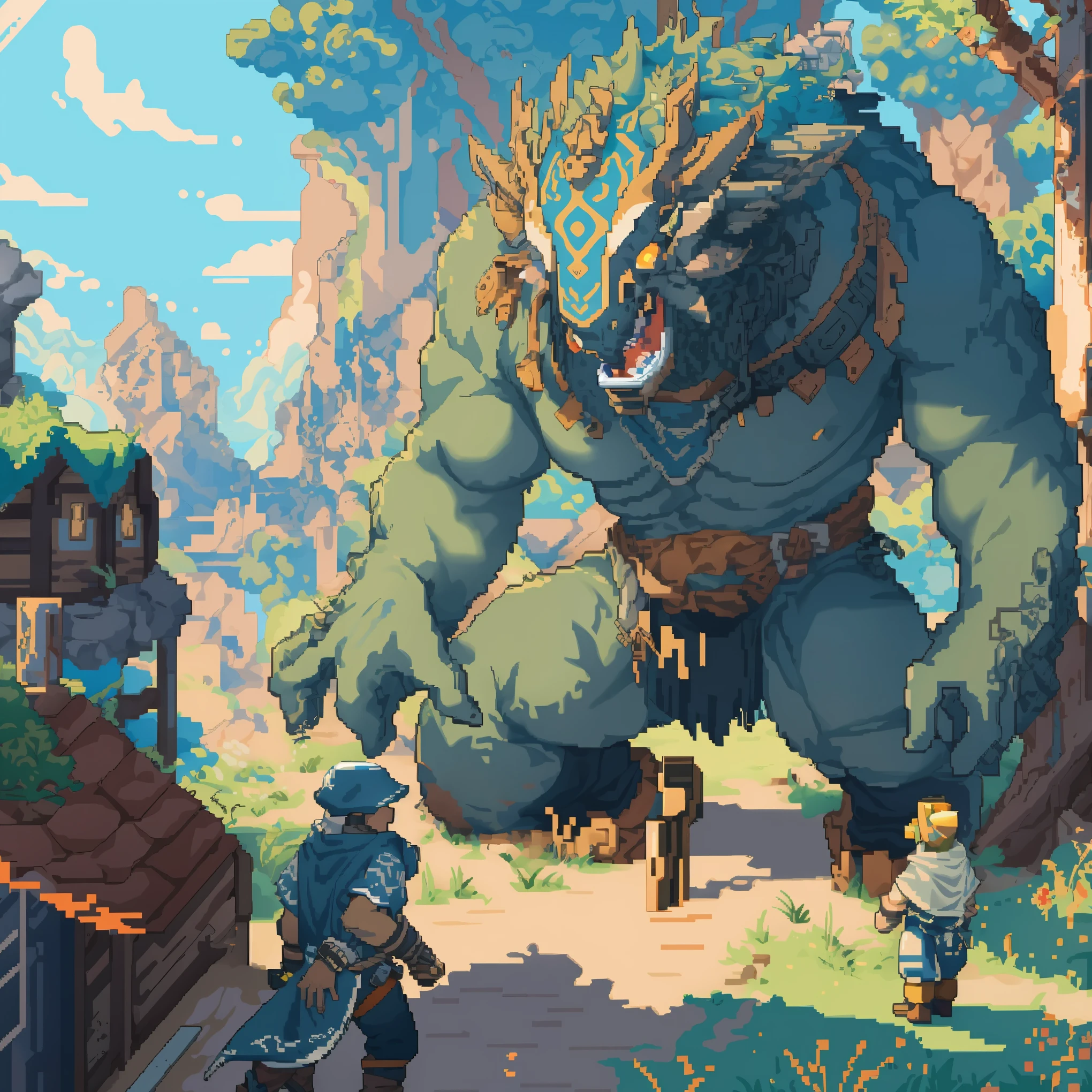 a picture taken from a video game of a giant creature in a city, pixel art by Kubisi art, Artstation contest winner, pixel art, beautiful detailed pixel art, detailed pixel artwork, detailed pixel art, 2 d digital video game art, ultra detailed game art, videogame art, shadow of the colossus, high quality pixel art, epic video game art,