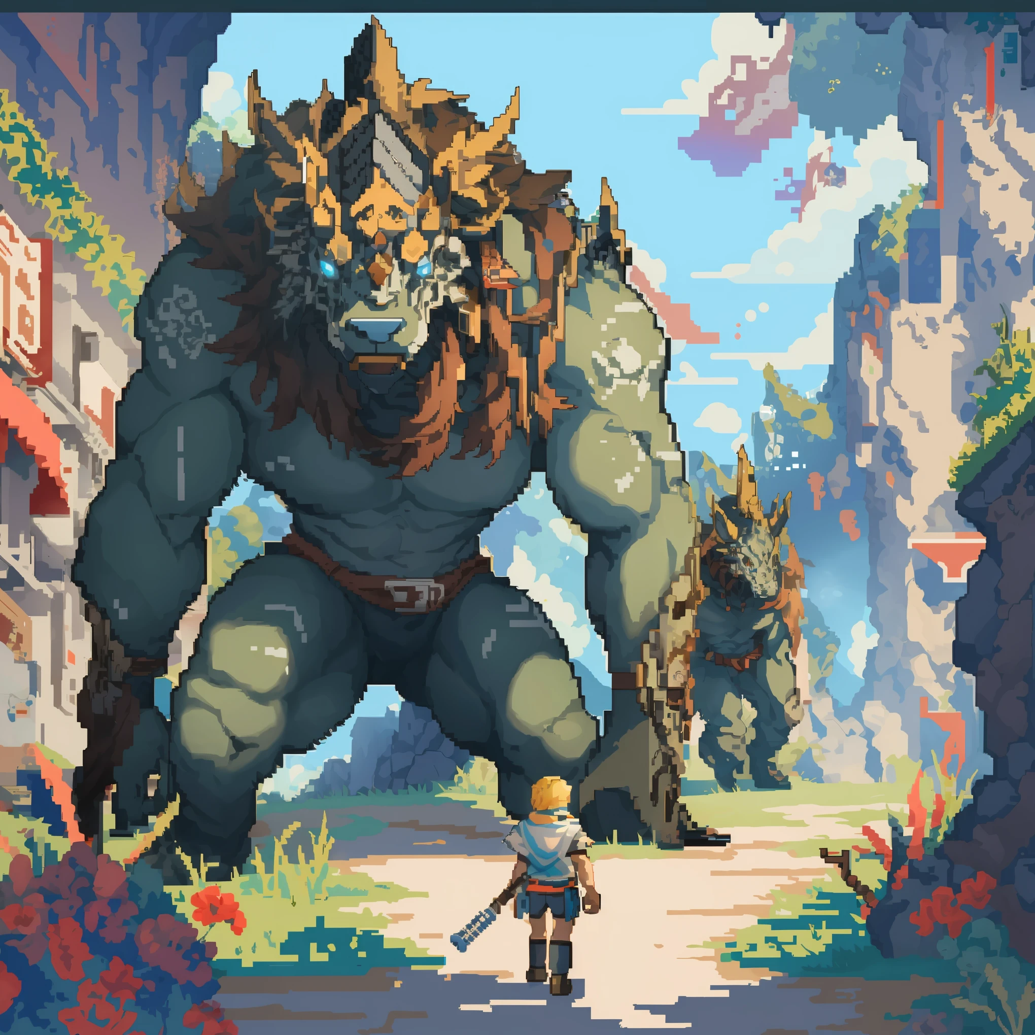 a picture taken from a video game of a giant creature in a city, pixel art by Kubisi art, Artstation contest winner, pixel art, beautiful detailed pixel art, detailed pixel artwork, detailed pixel art, 2 d digital video game art, ultra detailed game art, videogame art, shadow of the colossus, high quality pixel art, epic video game art,