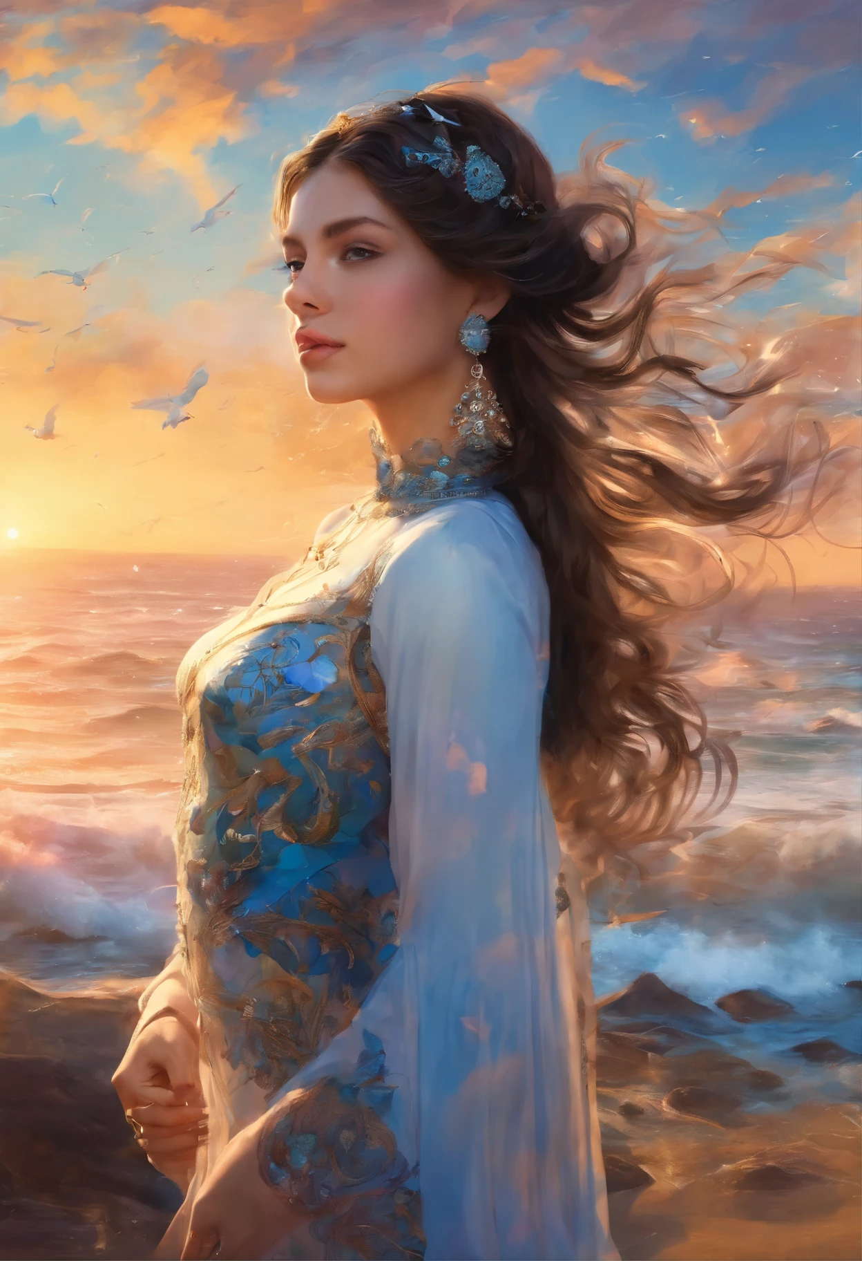 High resolution, brunette girl, 15 years old, bright blue eyes, pattern of stones on her face along the forehead to the temples, Brunette, temples slightly shaved, long black hair pulled back in a ponytail, temples slightly shaved, dressed in a silk shirt and loose trousers, bright blue eyes, portrait, the sea in the background, seagulls, realism, fantasy
