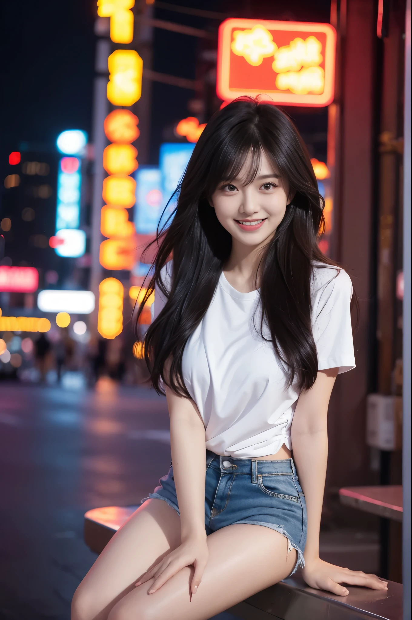big city,neon lights,manhattan,bustling,girl,long hair,cute,slimming bottoming shirt,short shorts,cute,Laugh heartily,Slender limbs
