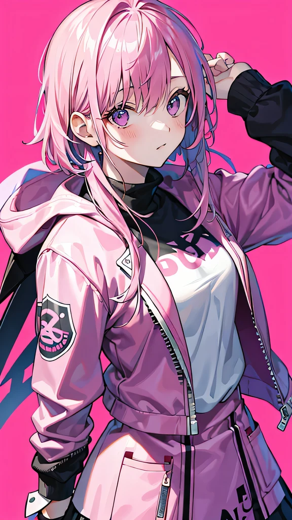 Super high quality round face, pink hair, beautiful clothes, Messy background