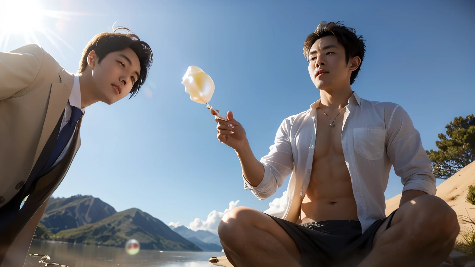 In the morning light, a pair of immature salesmen hold a crystal clear pearl.,Reflecting sunshine and hope