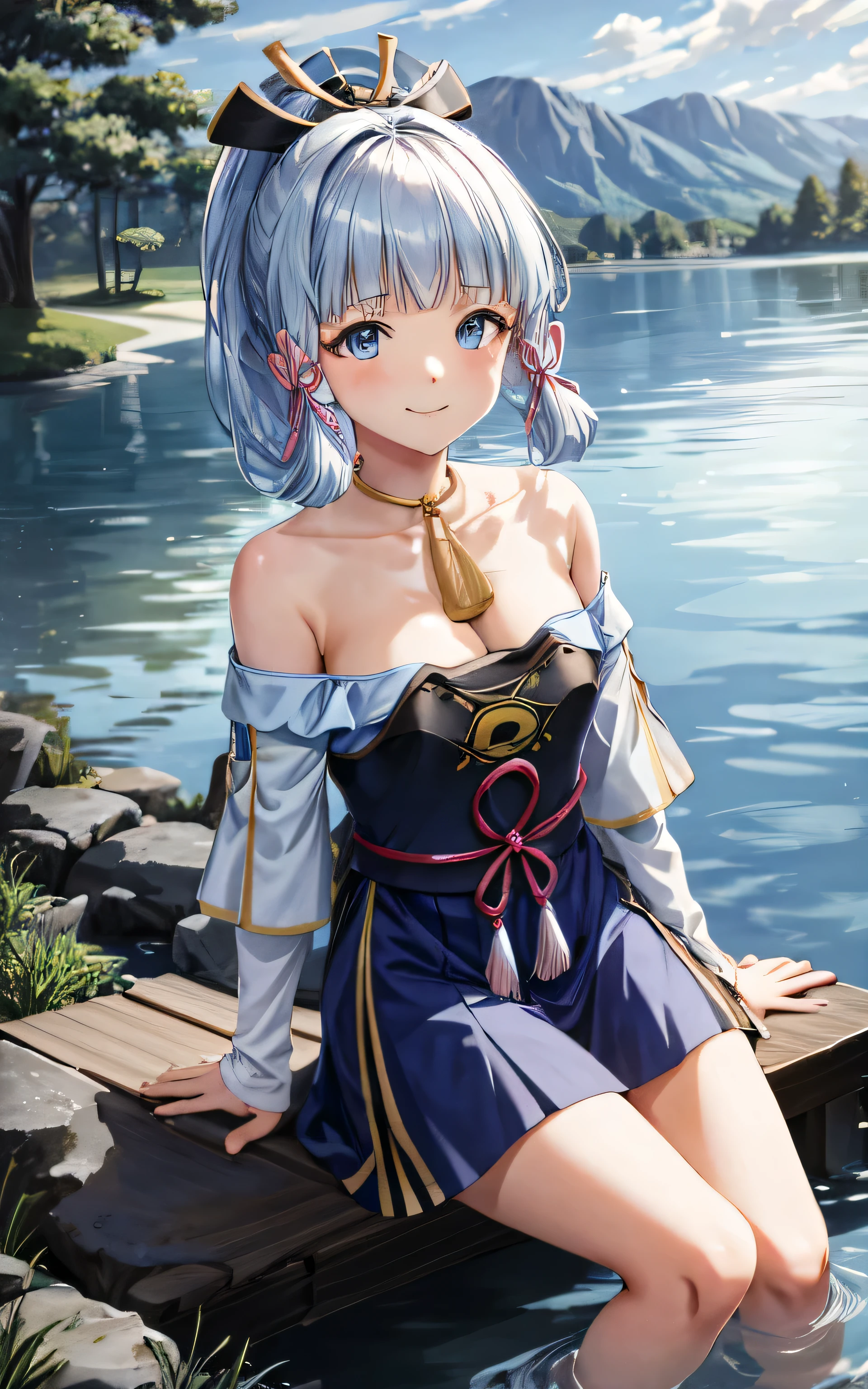 kamisato_ayaka , HDR , ultra detail , lake , sitting , detailed background , blue off shoulder dress , sitting ,cute face , smile , medium tits , soft light