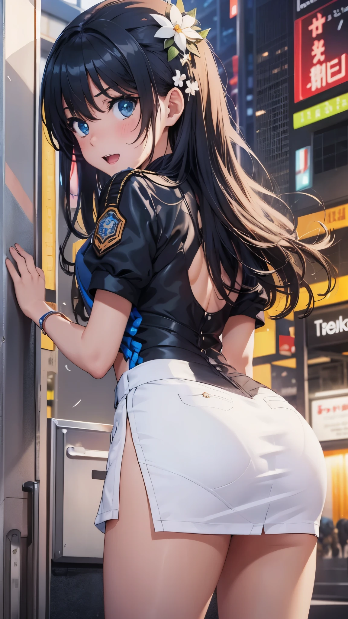 woman,14 years old,,city,night,(((white and blue tight miniskirt bodysuit))),,open mouth smile(())(See-through),(()),((Nariko Saten)),blush、surprised face,((())),((turn around and look back))(wet with sweat)