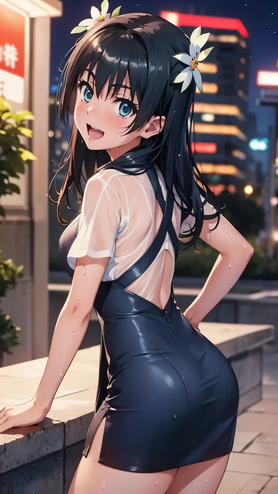 woman,,,city,night,(((white and blue tight miniskirt bodysuit))),,open mouth smile(())(See-through),(()),((Nariko Saten)),blush、surprised face,((())),((turn around and look back))(wet with sweat)
