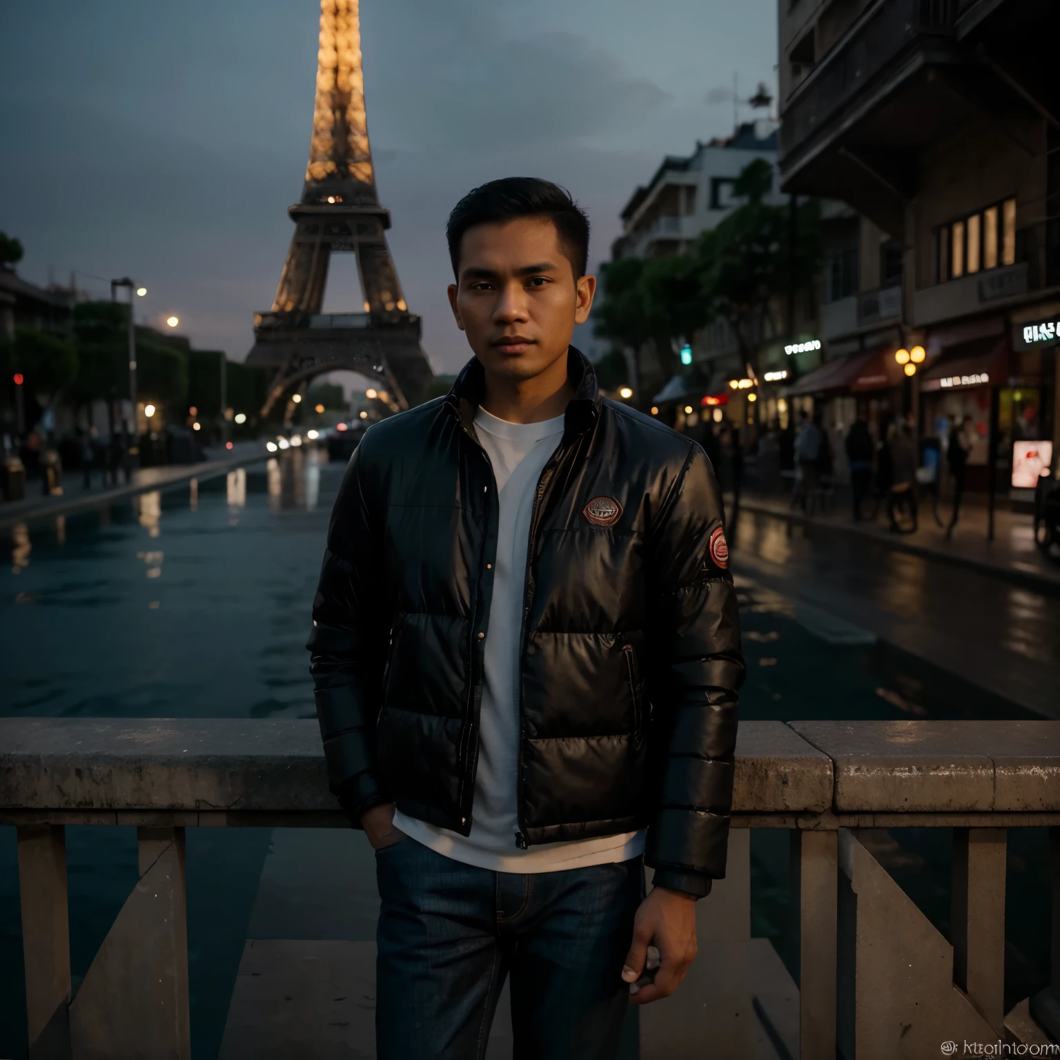 Naked handsome teenage latino boy and giant wolf on the beach at night time big silver moon in the dark sky many stars dots, Eiffel tower,beautiful photo 