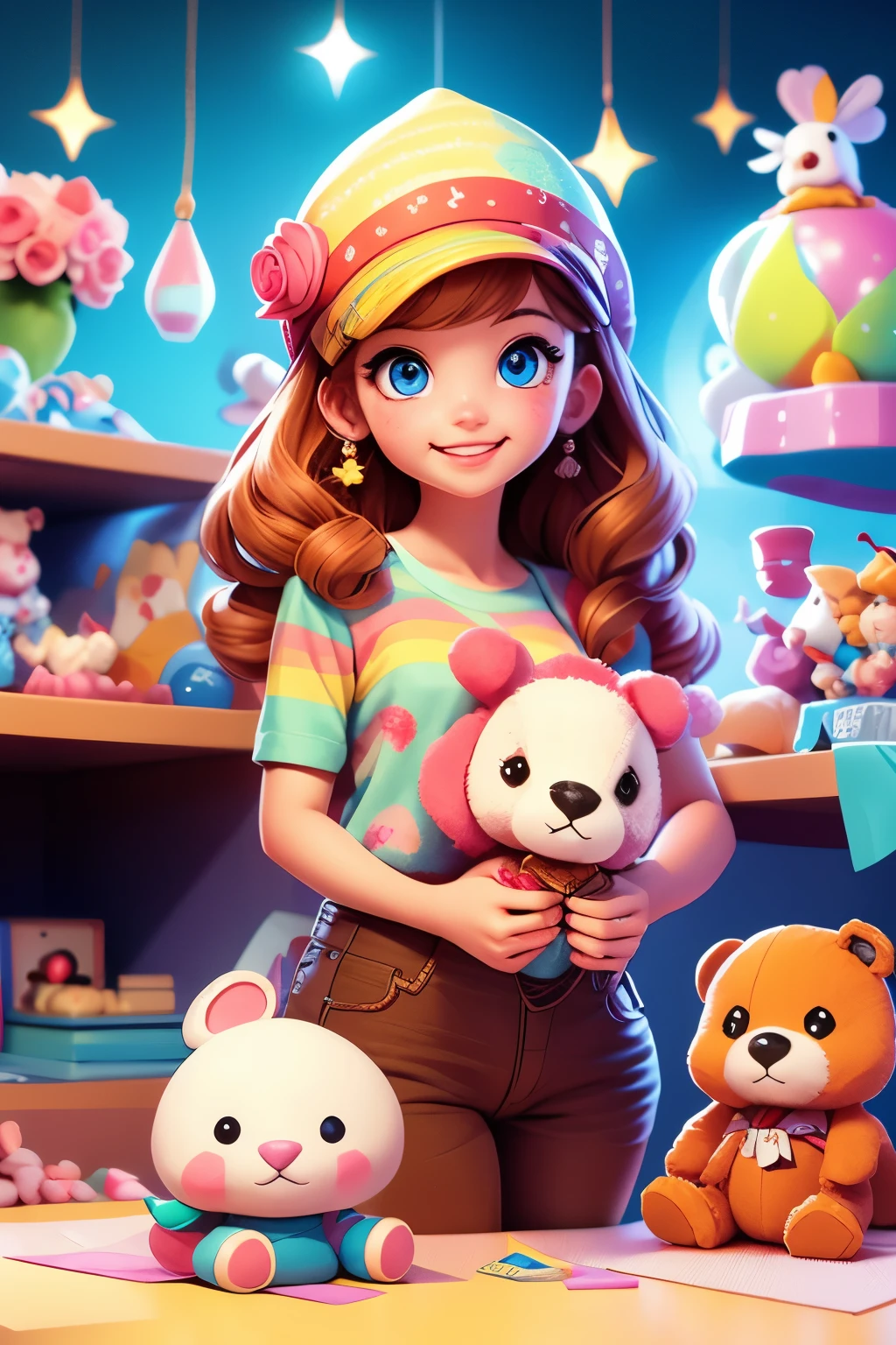 A girl looking into a stuffed animal picking game at a game center、sparkling eyes、smile、