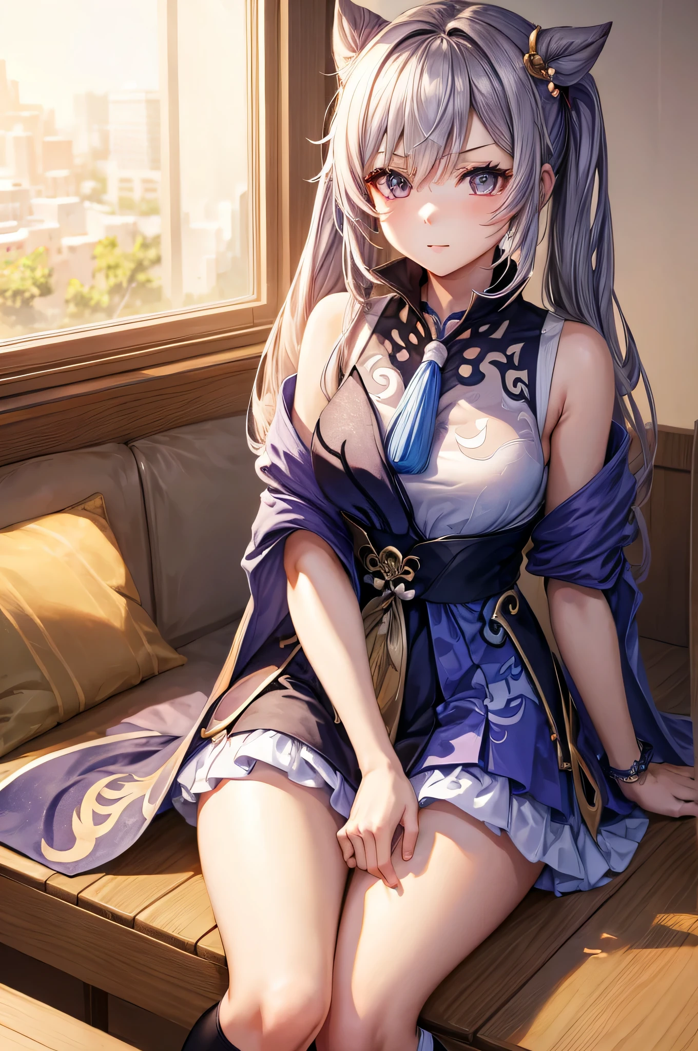 keqing (genshin impact) , HDR , ultra details ,school , detailed background, school dress , thigh high socks , sitting ,cute face , sexy position , soft light