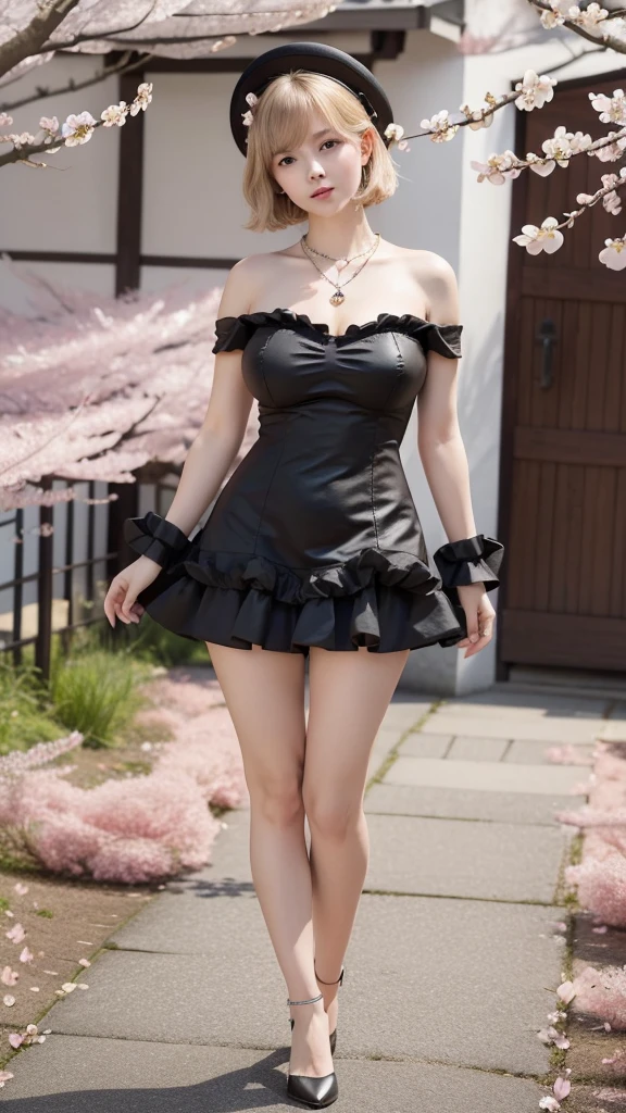 Photo Real、photoRealstic Golden hair、Depigmented hair、Short hair、Straight hair、Lots of bangs big eye、with round face、Plump cheeks、The contours of the face are round、a small face、a japanes、17years、ty body、skinny body、young body、Soft thighs mini top hat、Gothic lolita、Red Wedding Dress、Black frills、Wear lace、Dresses that stand out、Decoration Dresses、a short skirt、Unique clothing single、Adult Pose、Bold poses、Blushing、Looking here、cleavage of the breast、smil Background with、Old-fashioned Western-style building、Western-style castle、a castle yard,(Full Body:1.5),(cute face:1.2),(huge breasts:1.3),(medium heels:1.2),(big hips:1.2),(medium thighs:1.2),(wearing a diamond necklaces with large Cherry Blossom pendants:1.5), (looking at the camera:1.3)