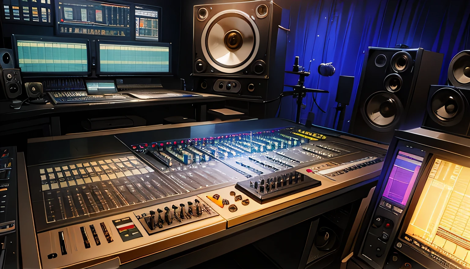 there is a sound board with speakers and a mixer in a room, studio shot, studio recording, rack, studio lit, mixing, studio level quality, studio quality product, studio picture, studio quality effects, detailed studio photograph, audio equipments, full scene shot, studio setup, studio setting, lab, professional studio, studio room, hyperdetailed mix