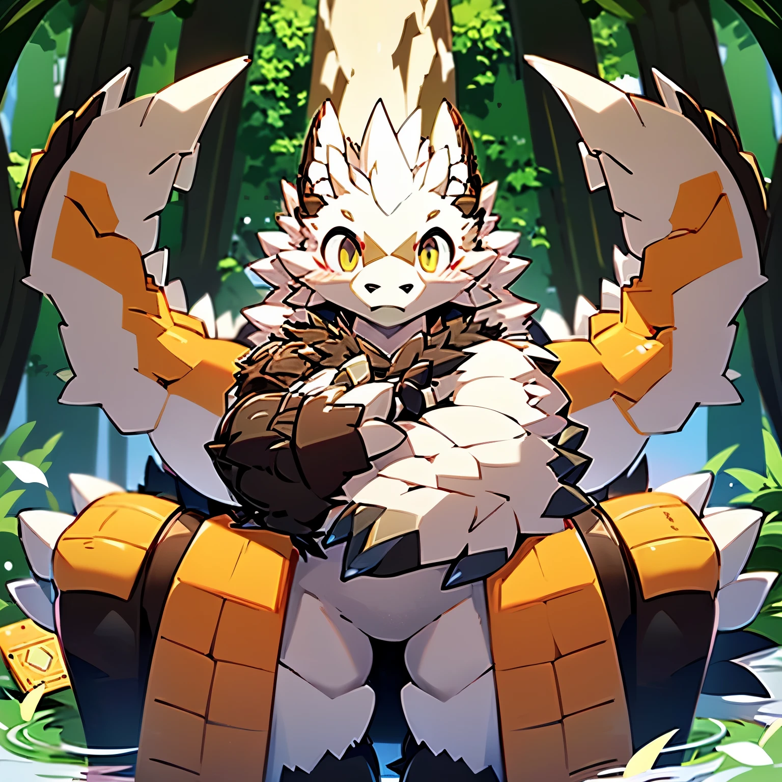 全身hairy黑色，a fish&#39;s tail，yellow eyes，white hair，Yellow meat pad，hairy，There are two yellow and white gradient horns on the top of the head，Background in a corner of the forest