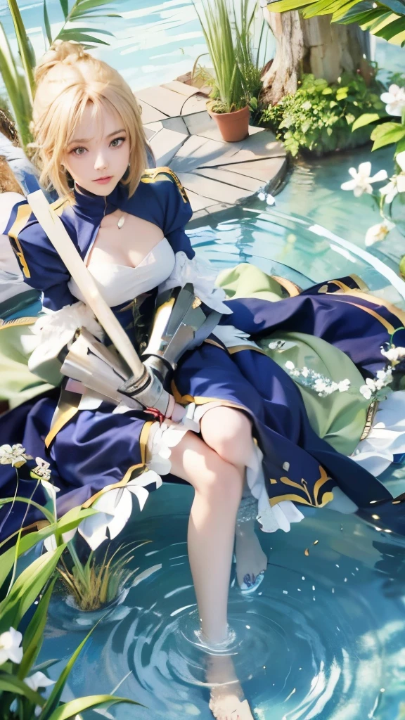 anime girl with sword in water surrounded by trees and plants, artoria pendragon, fate / stay night, fate zero, alicization, fate stay night, fate/zero, fate grand order, anime style like fate/stay night, violet evergarden, detailed key anime art, epic light novel art cover, armor girl, but the armor covers her face