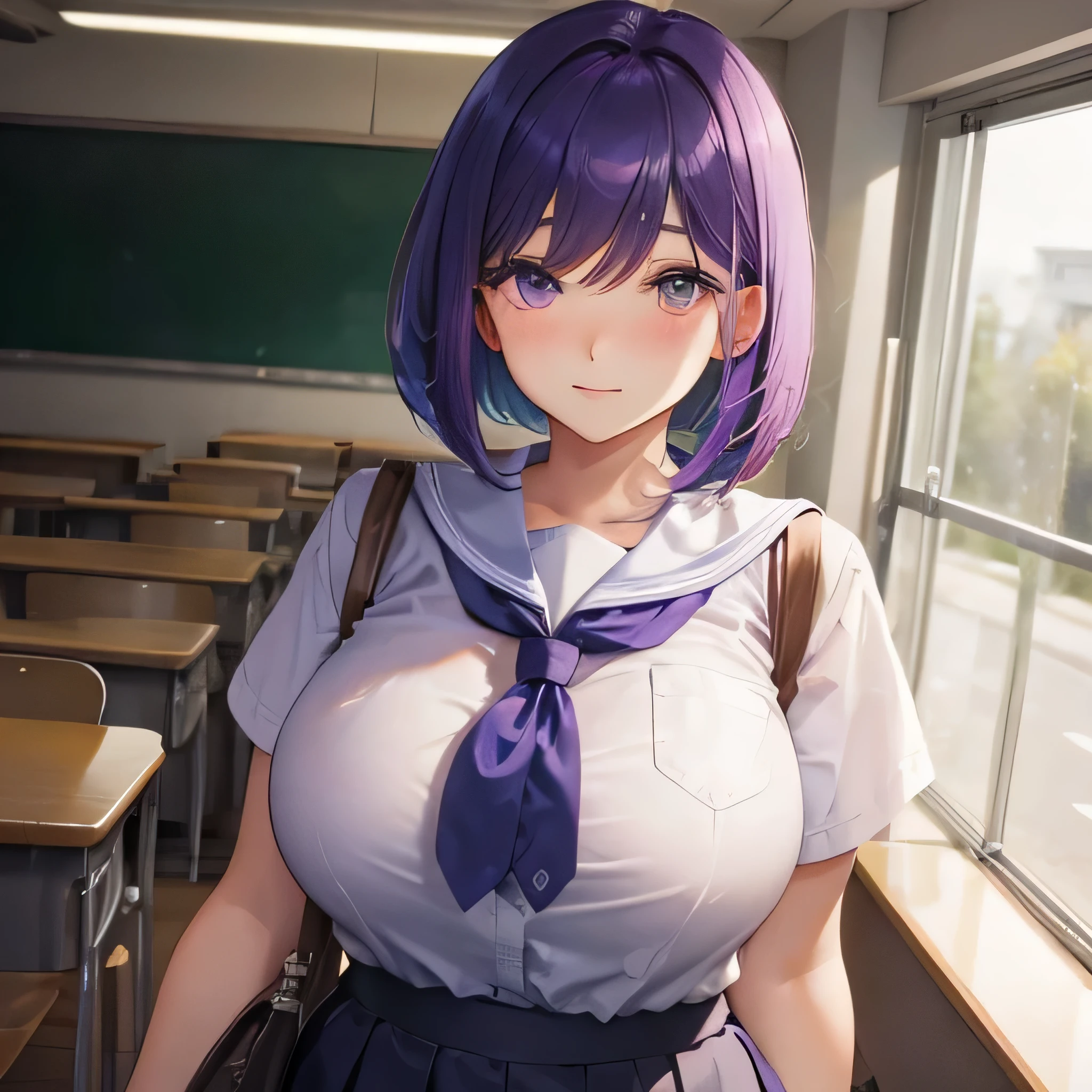 high school girl Overweight big breasts expensive bob cut Purple hair color school classroom walk