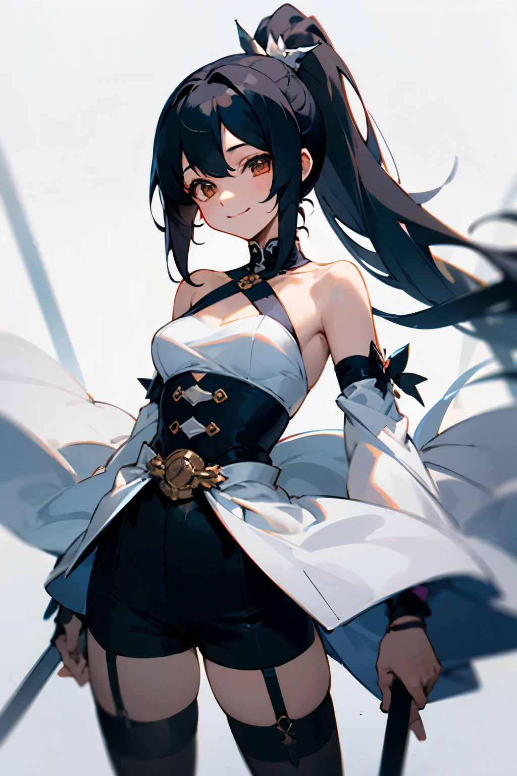 Flashy costumes,Shorts,black hair,ponytail,long hair that reaches waist,smile,Drooping eyes,Marume,White base,band pine,gothic rock,bare shoulders,garter ring